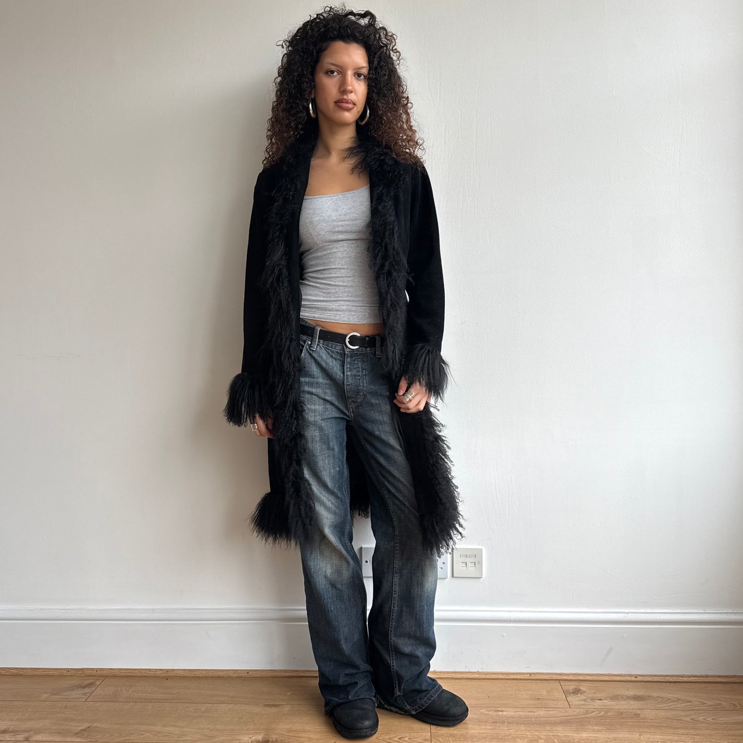 Black fur trim afghan coat - Size S/M