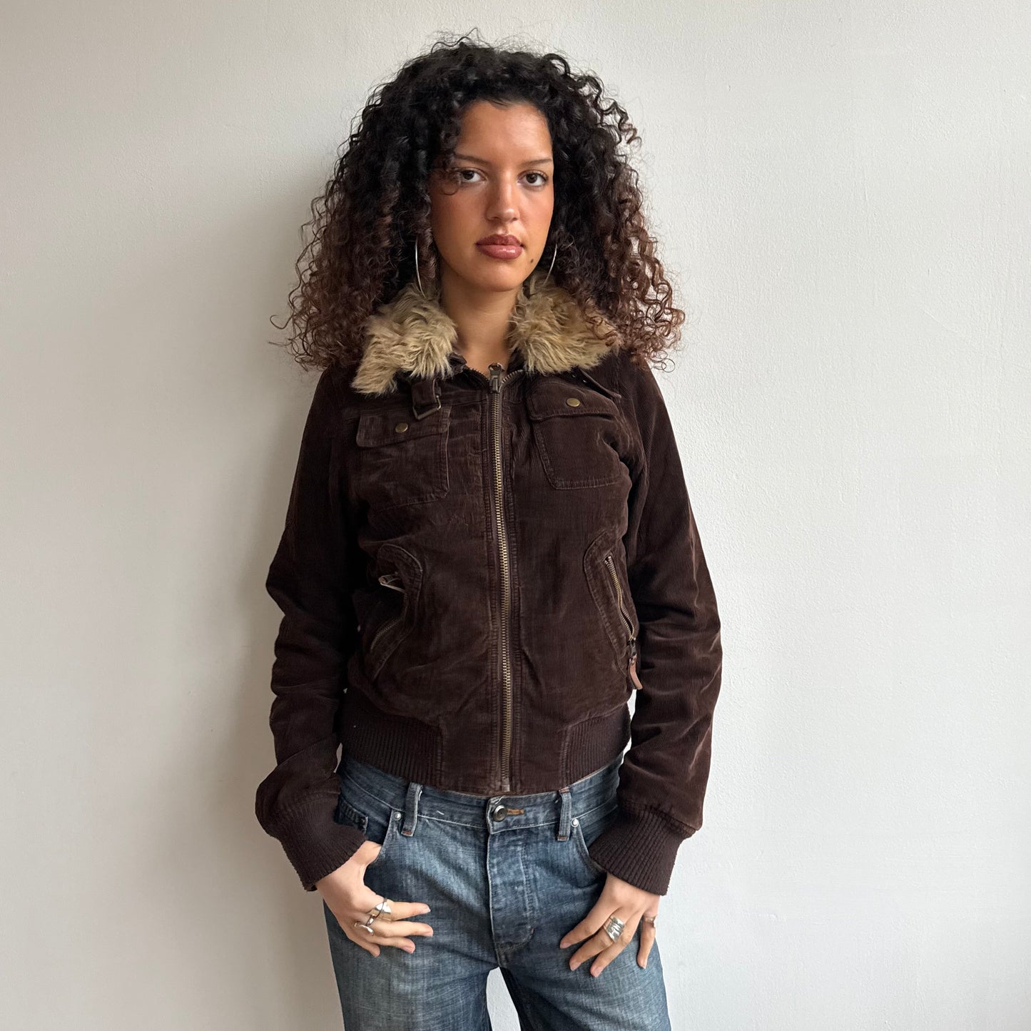 Brown cord fur collar bomber - Size M