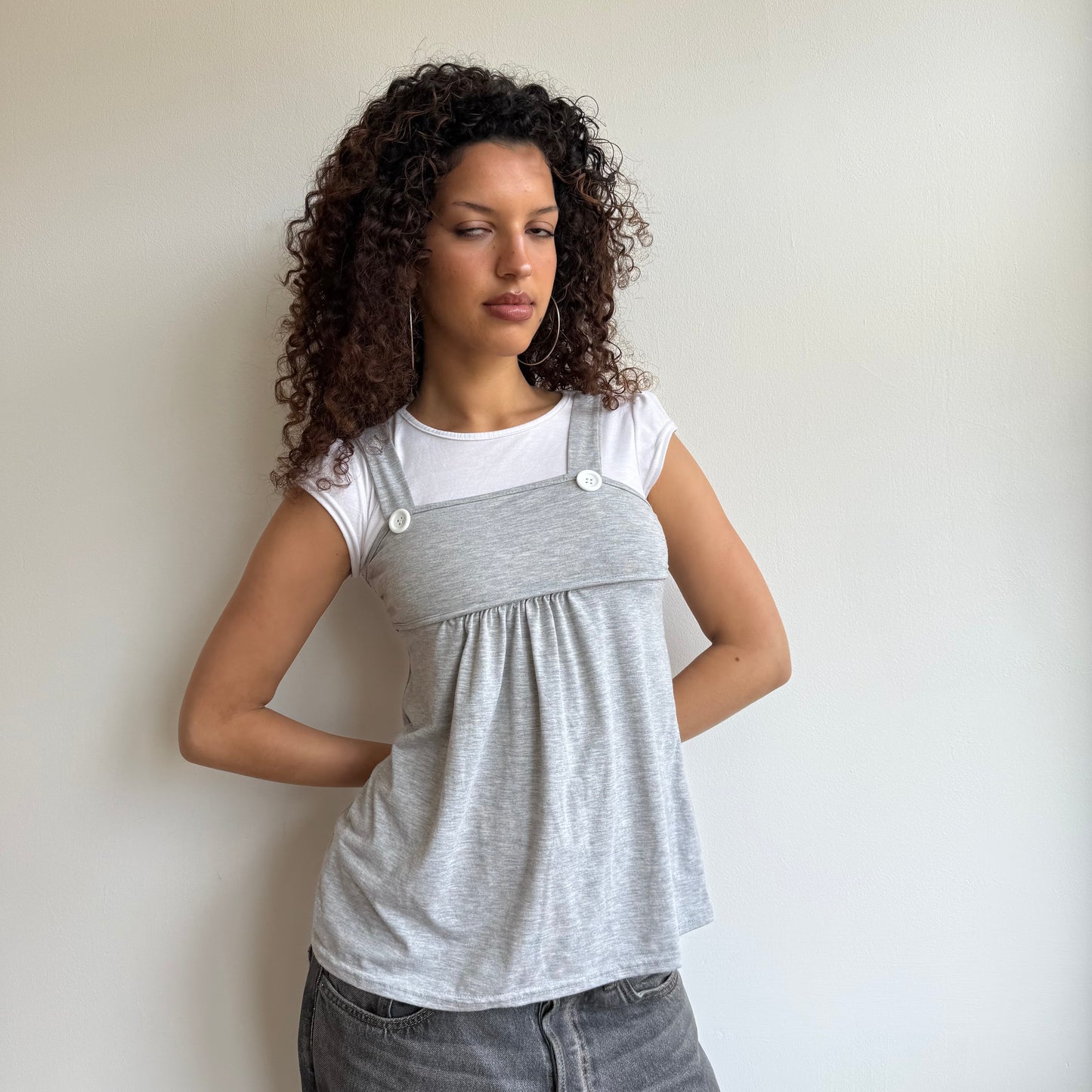Grey + white dungaree top - Size S