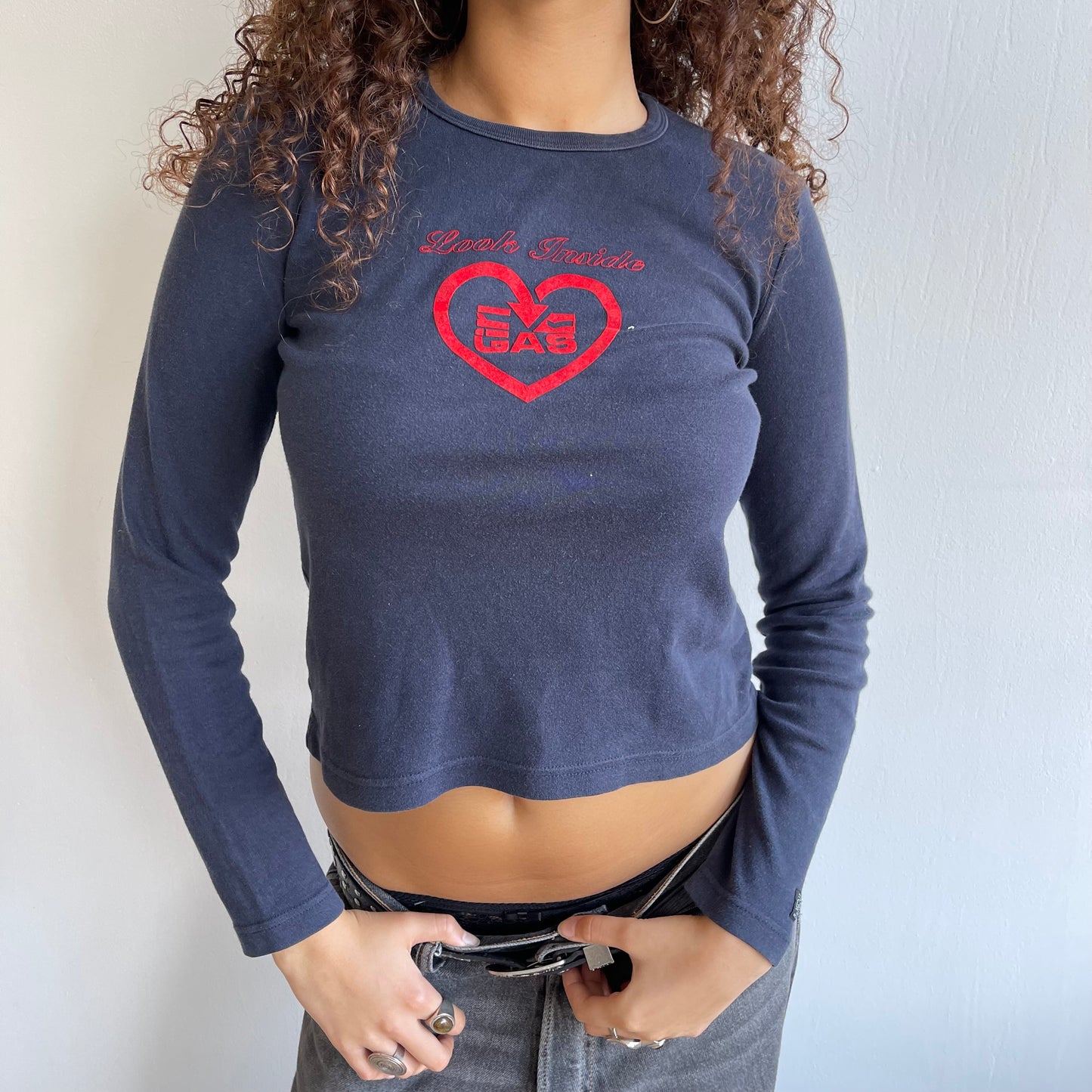 Navy long sleeve graphic top - Size S