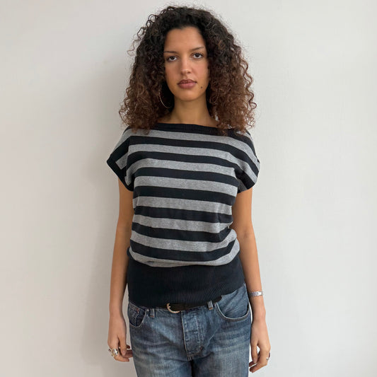 Black + grey stripe short sleeve knit - Size M