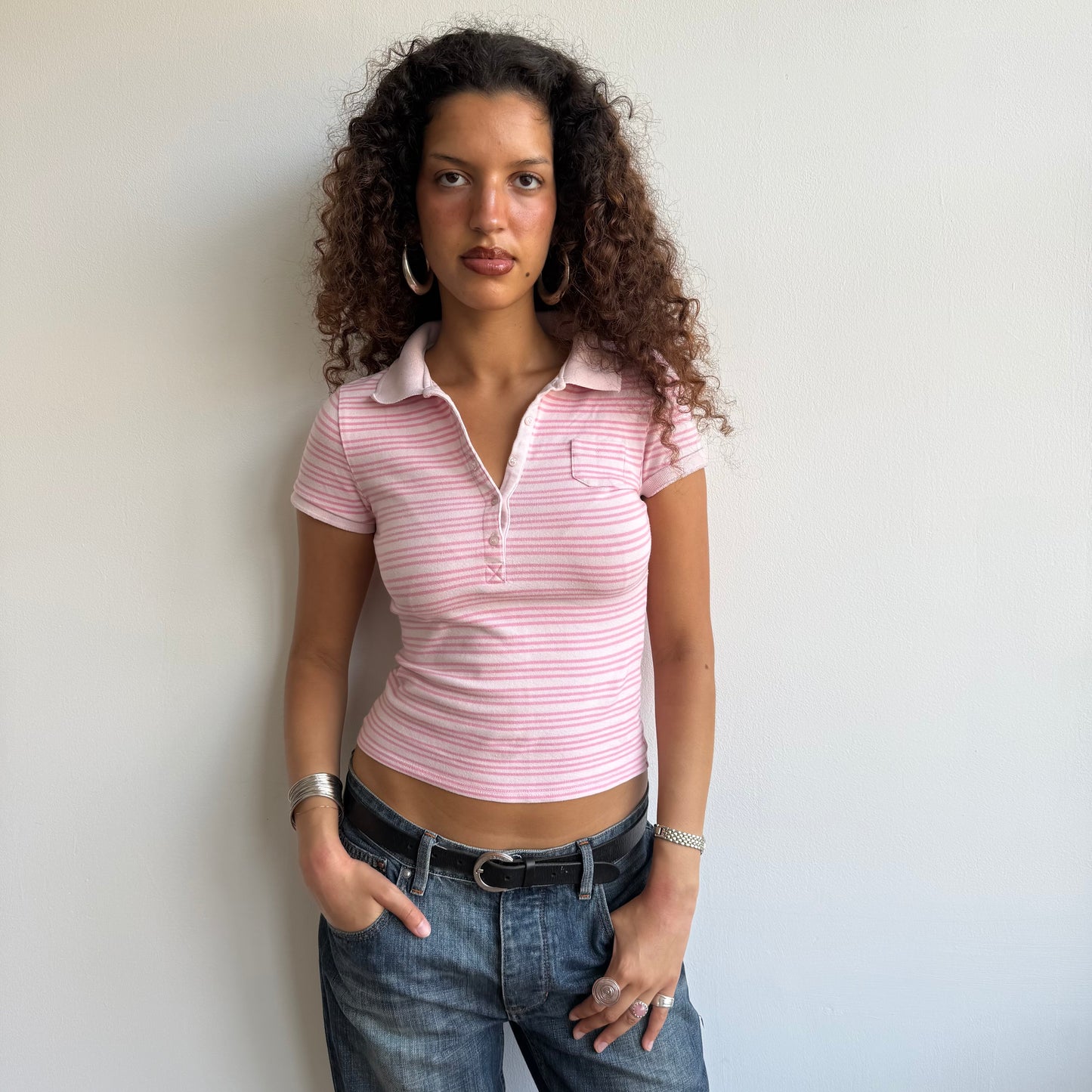 Pink striped polo top - Size S
