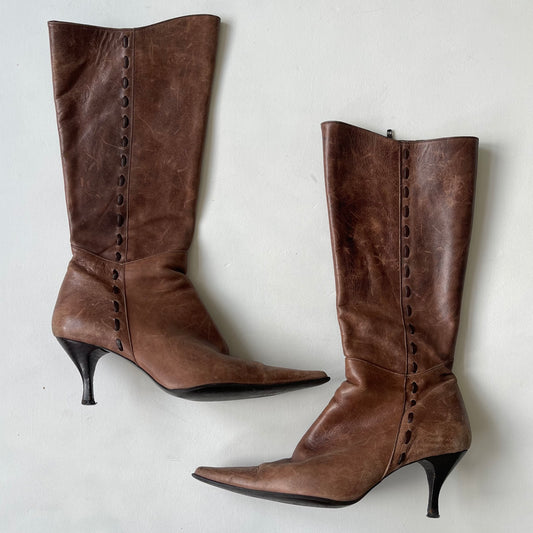 Brown leather stitch boots - Size UK6