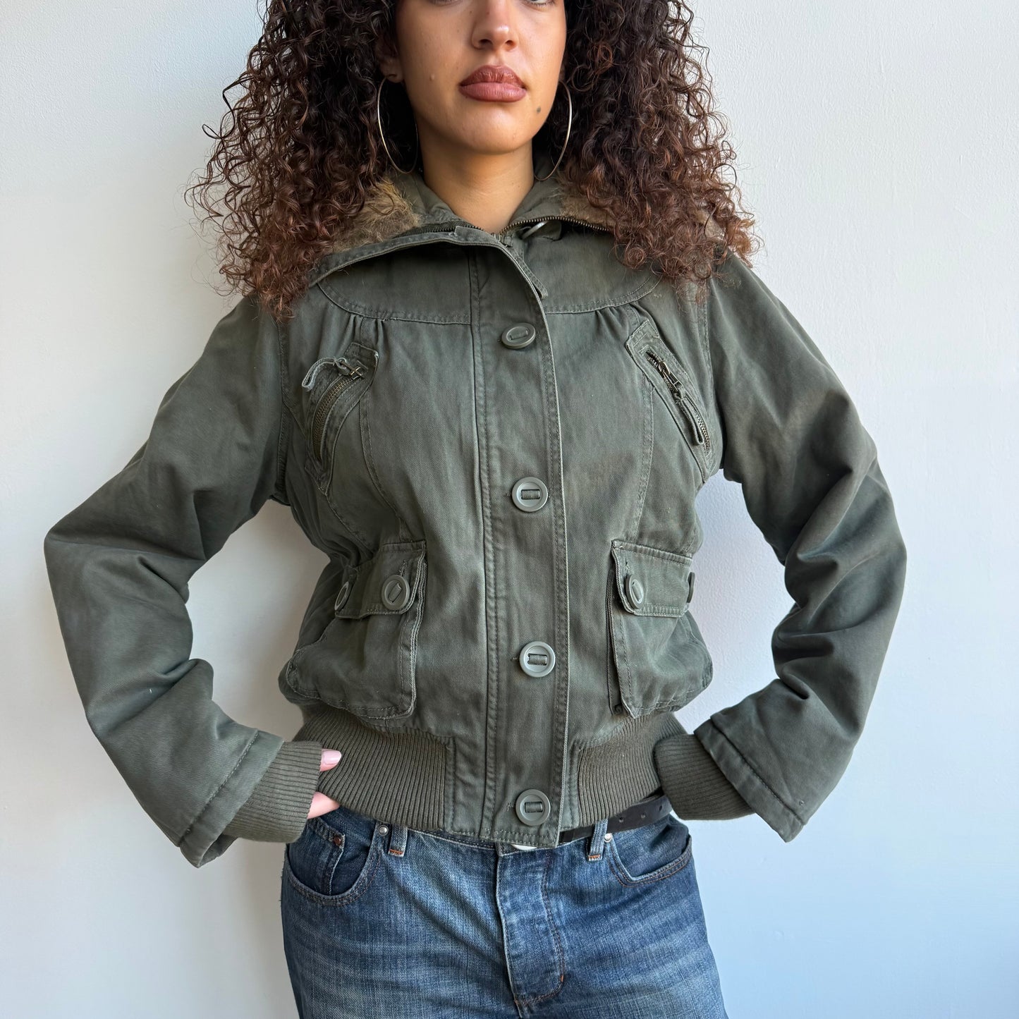 Khaki faux fur hood bomber - Size M