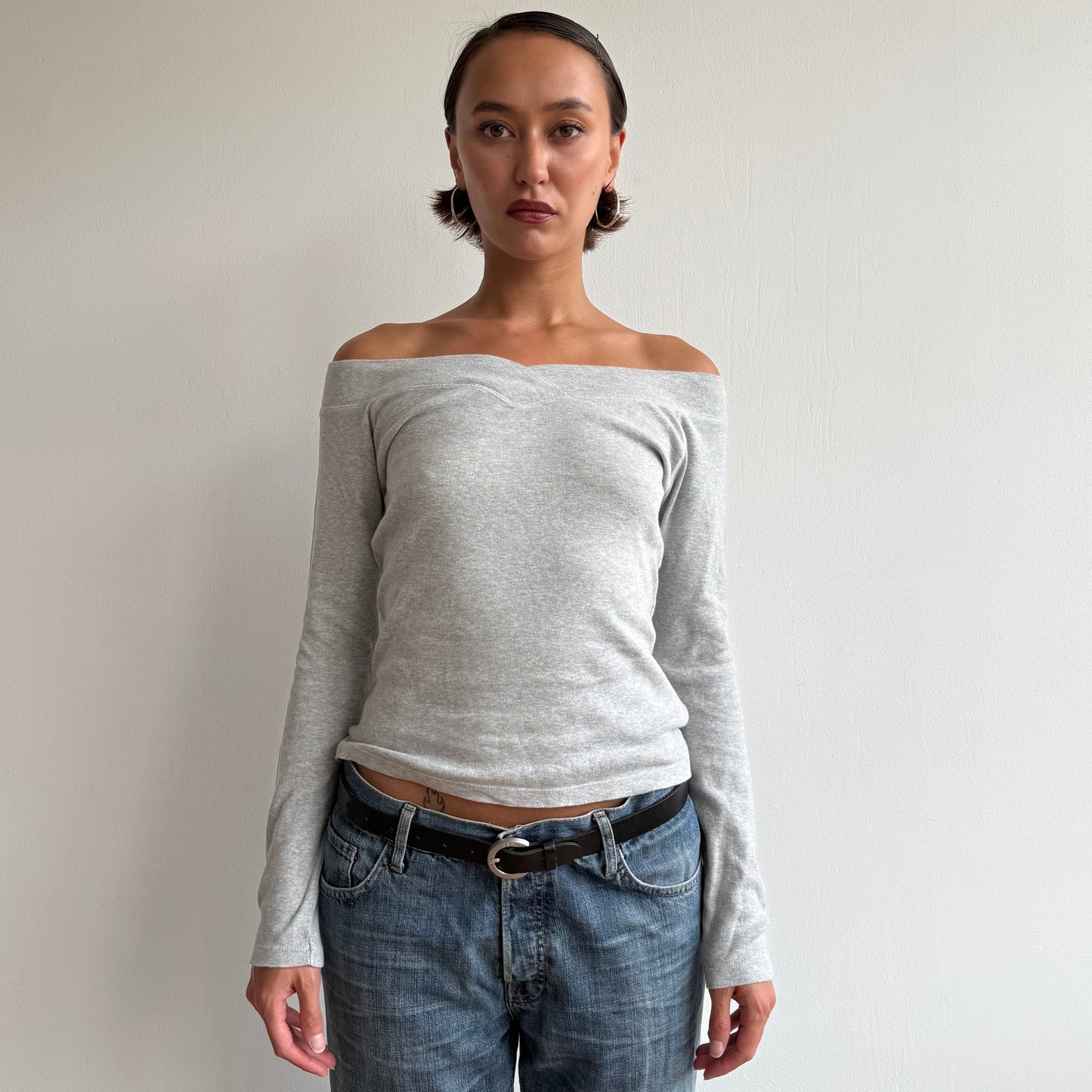 Grey long sleeve Bardot top - Size M