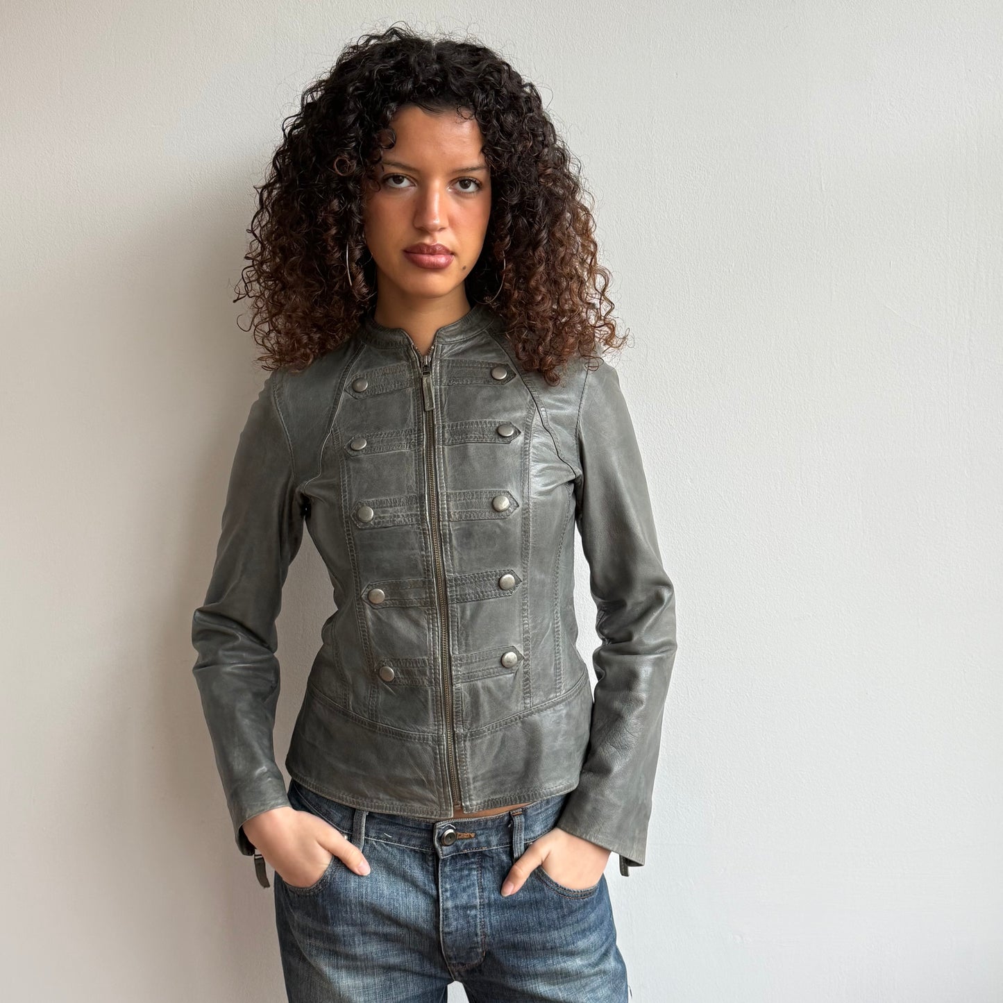 Grey leather military jacket - Size S