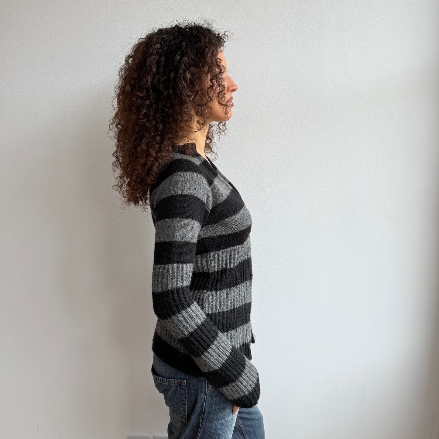 Black + grey striped cardi - Size M