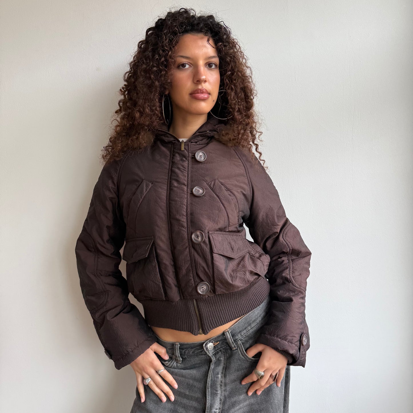 Brown puffer fur hood - Size M