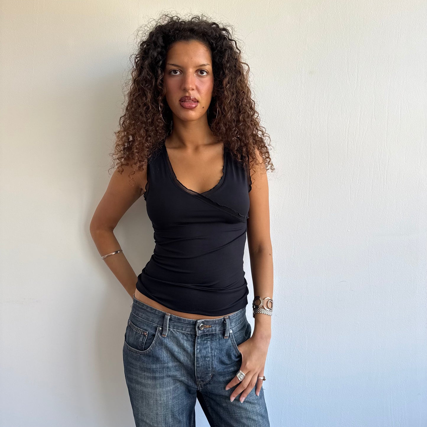 Black wrap ruffle top - Size S + M