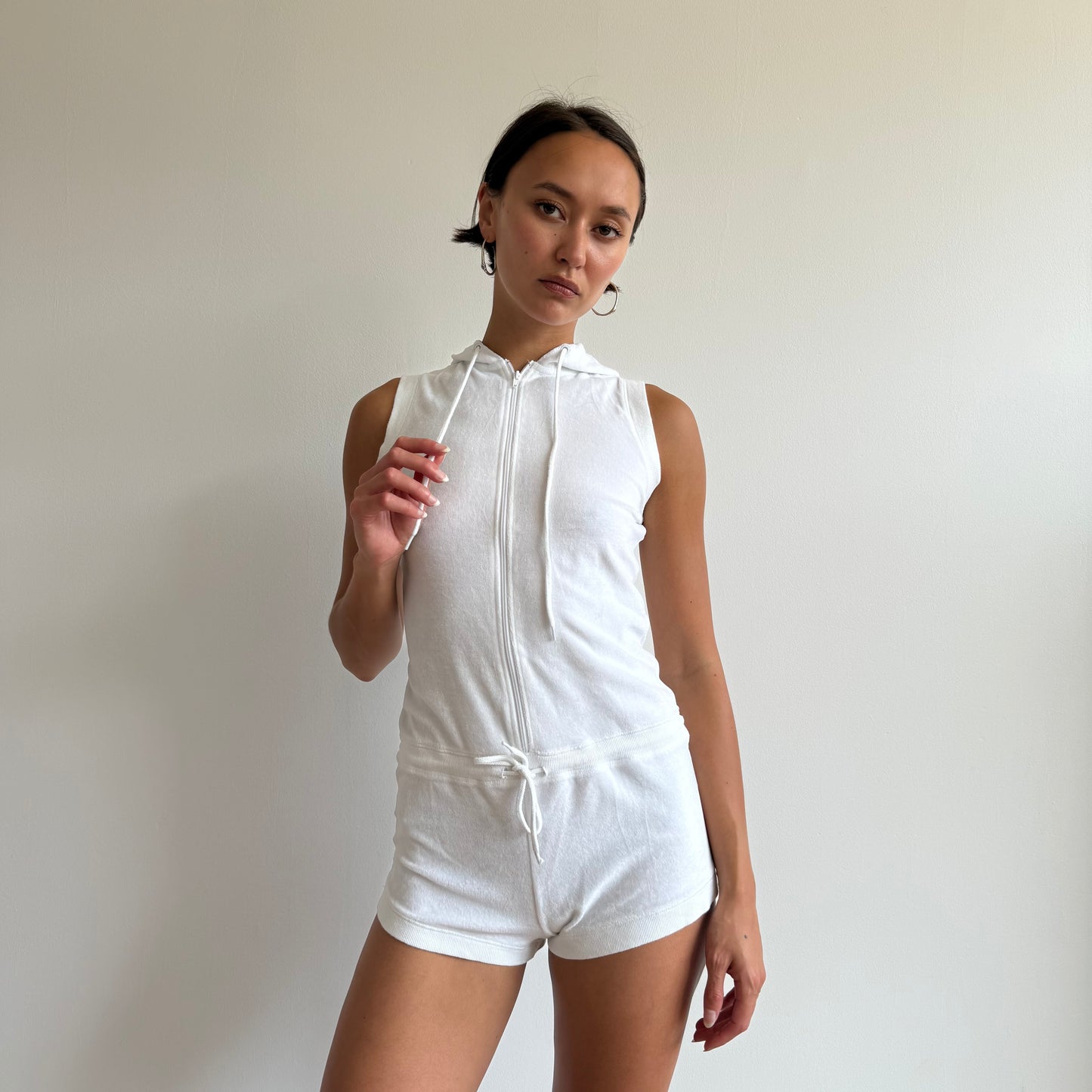 White towelling hooded romper - Size S