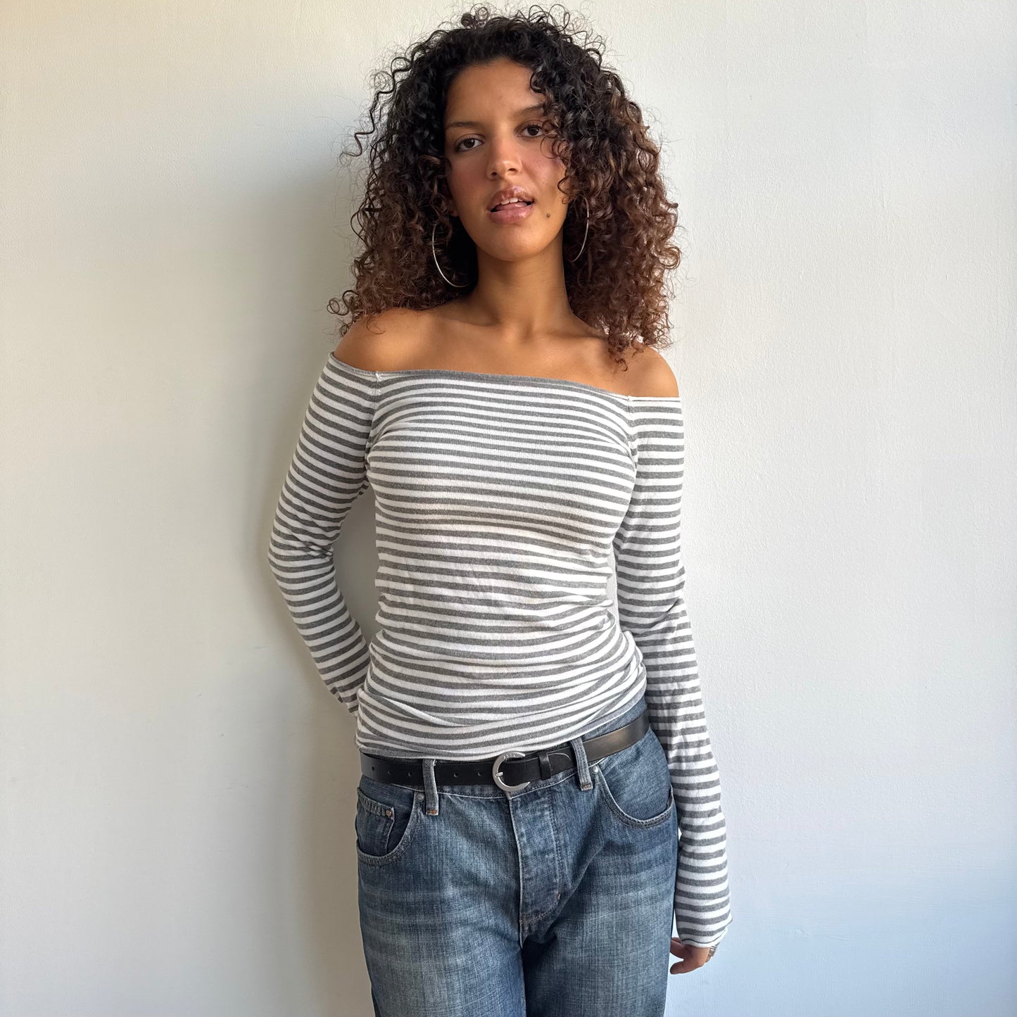 Grey + white striped Bardot top - Size S/M