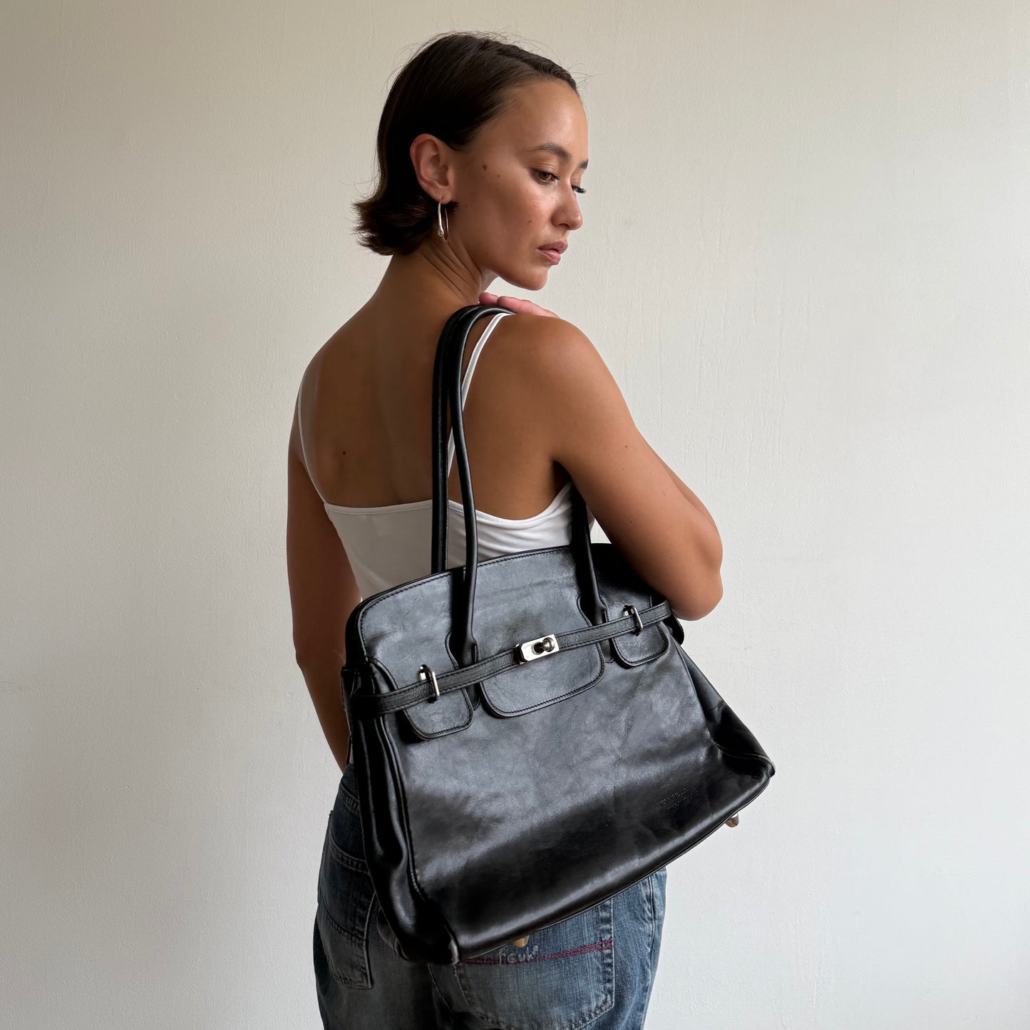 Black leather firkin bag - One Size