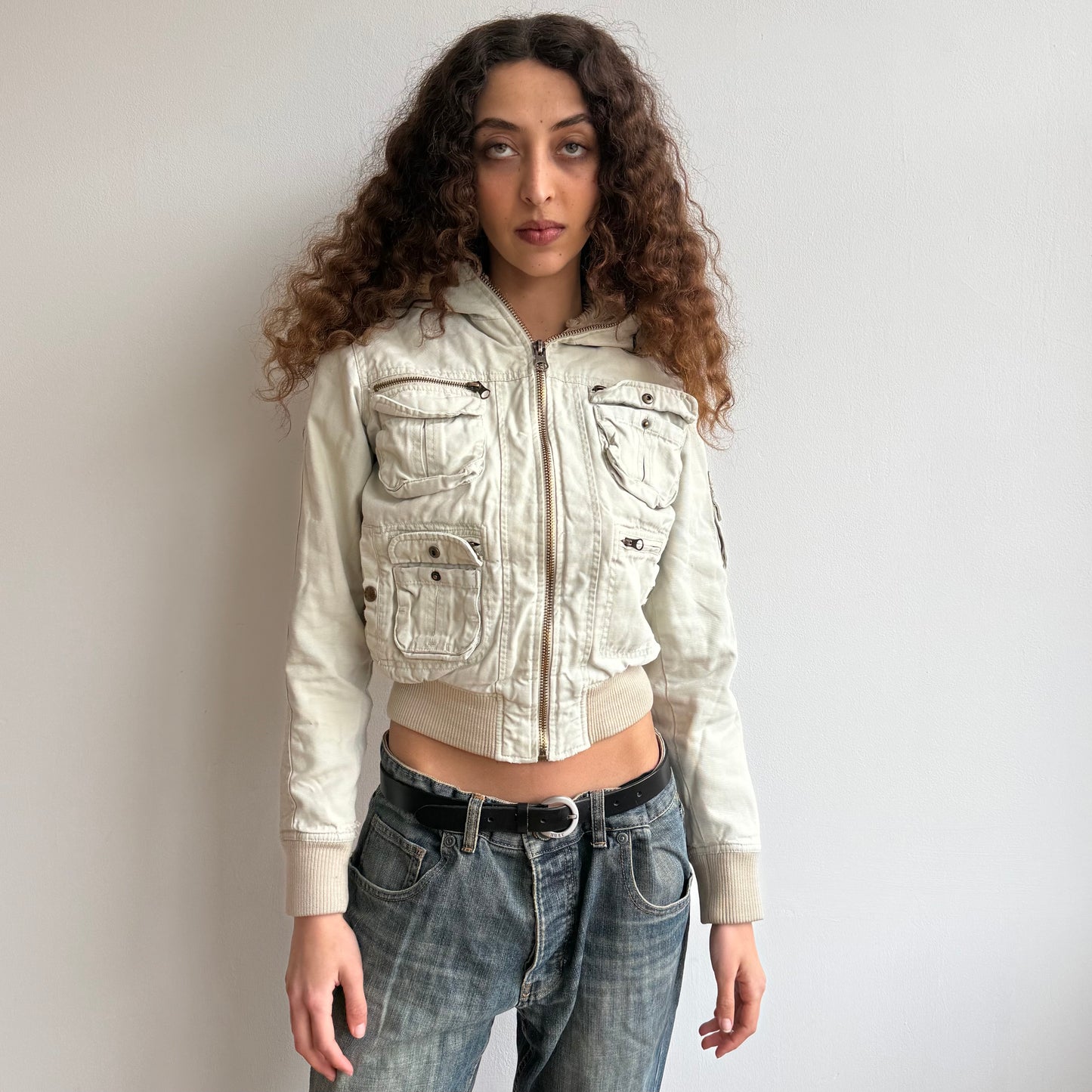 Cream bomber with faux fur hood - Size XS + M