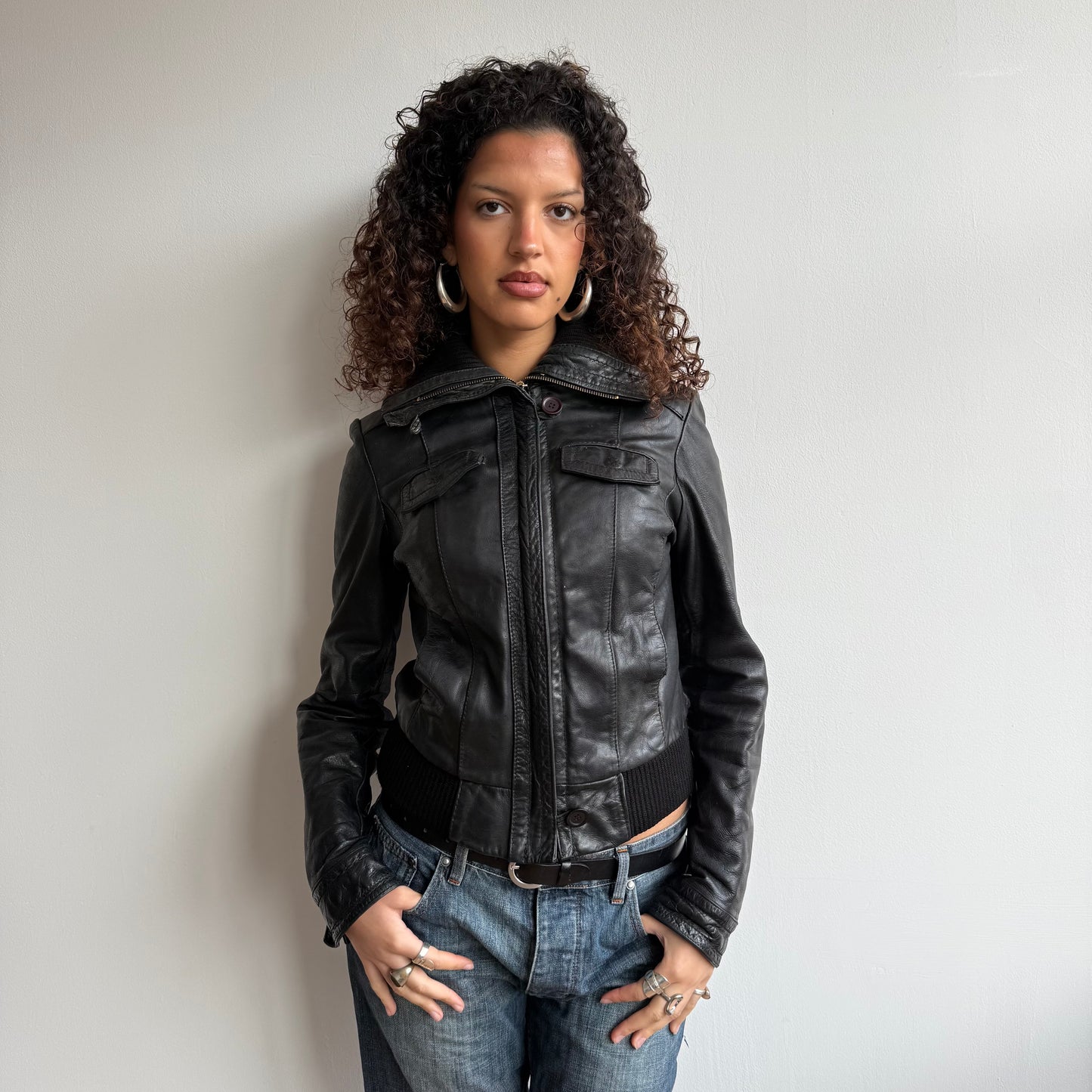Black leather cargo jacket - Size S/M