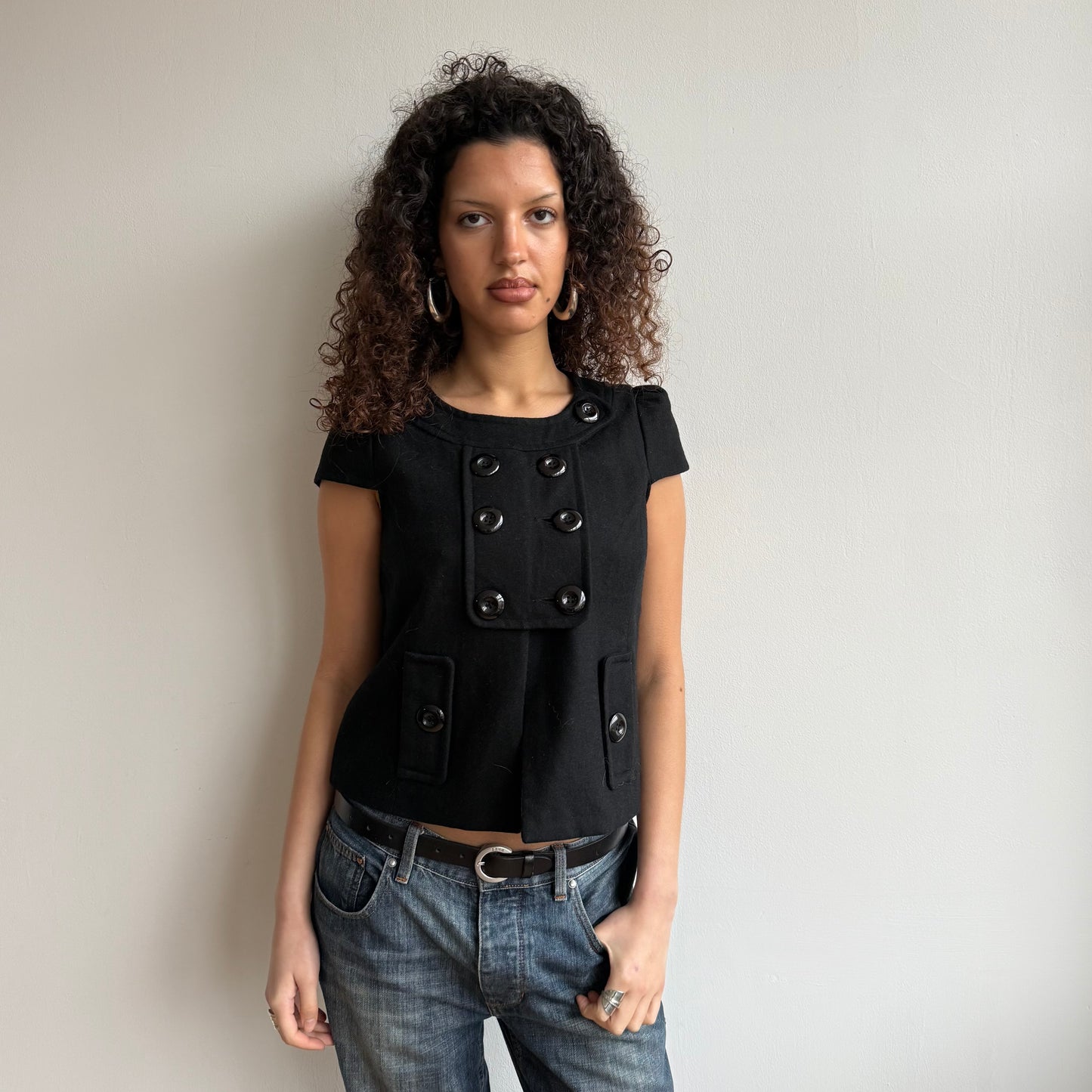 Black short sleeve double breasted peacoat - Size M