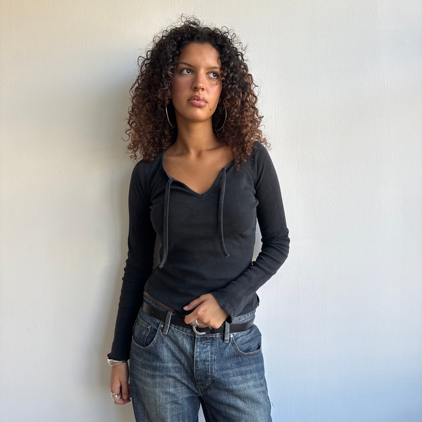 Black neck tie long sleeve top - Size S/M