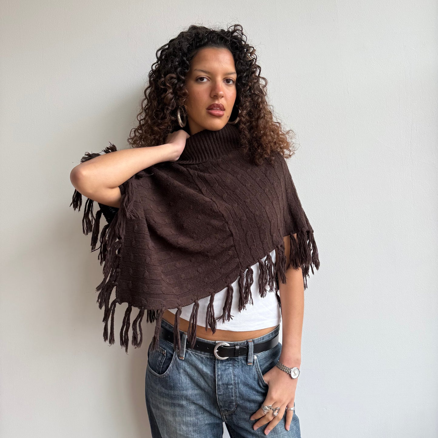 Brown knit roll neck poncho - One Size