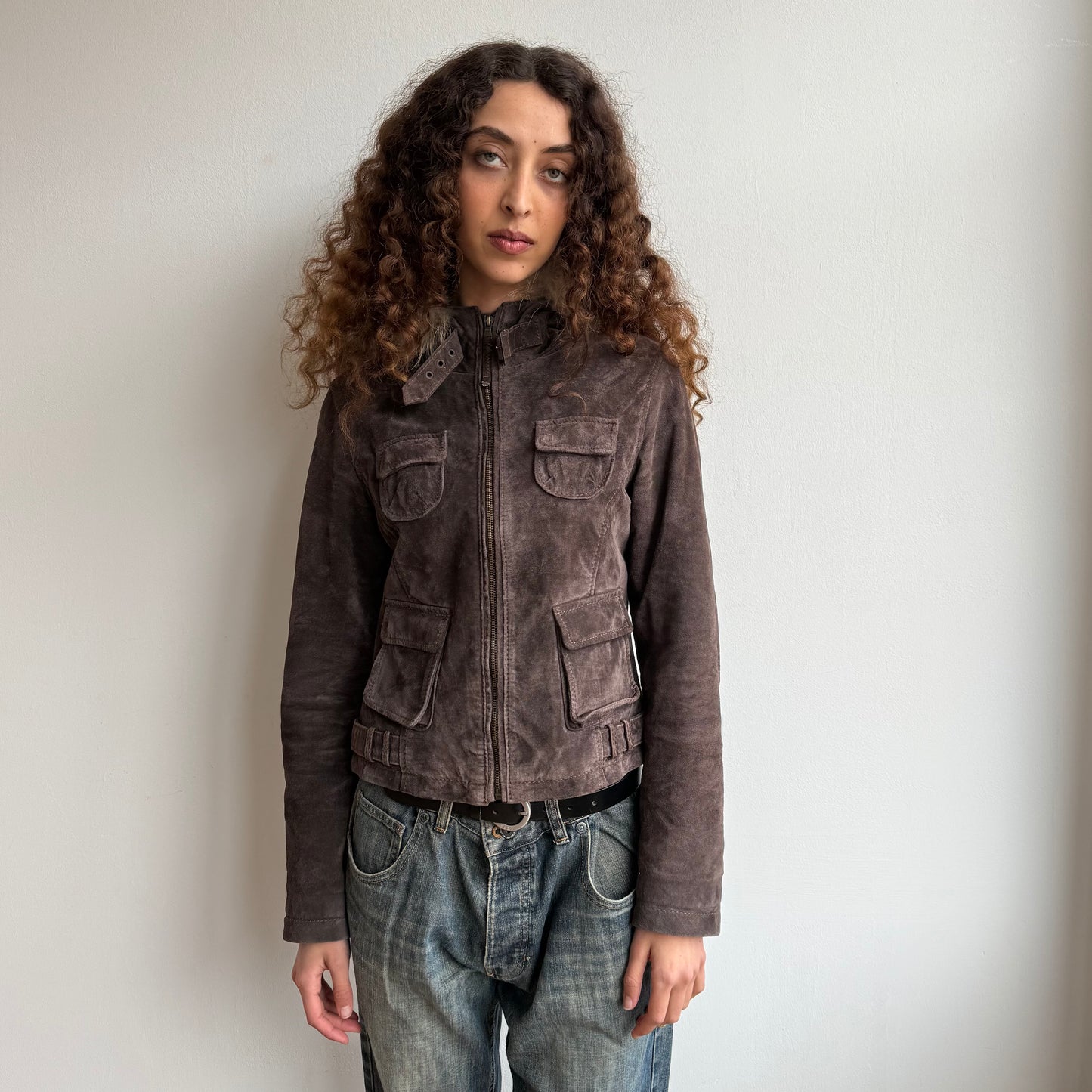 Brown suede fur hood bomber - Size S
