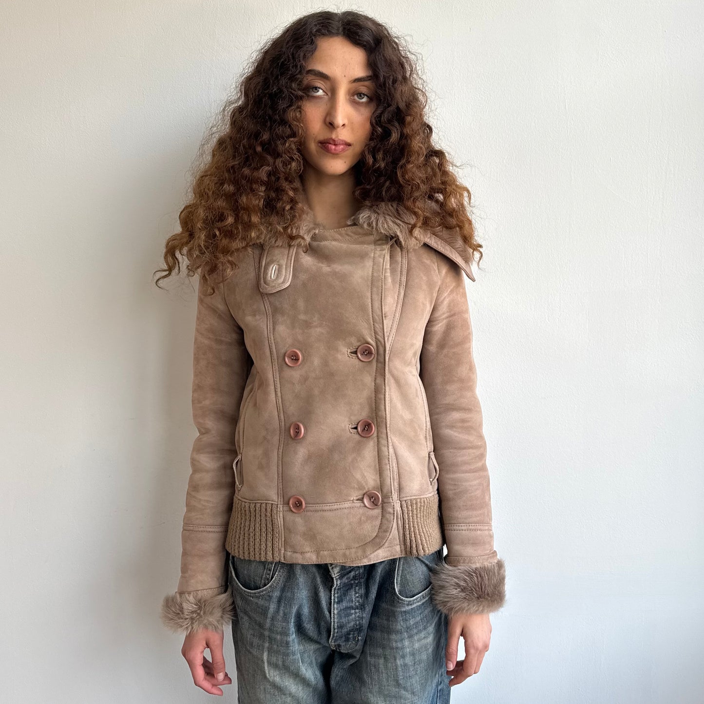 Tan fur suede peacoat - Size S/M