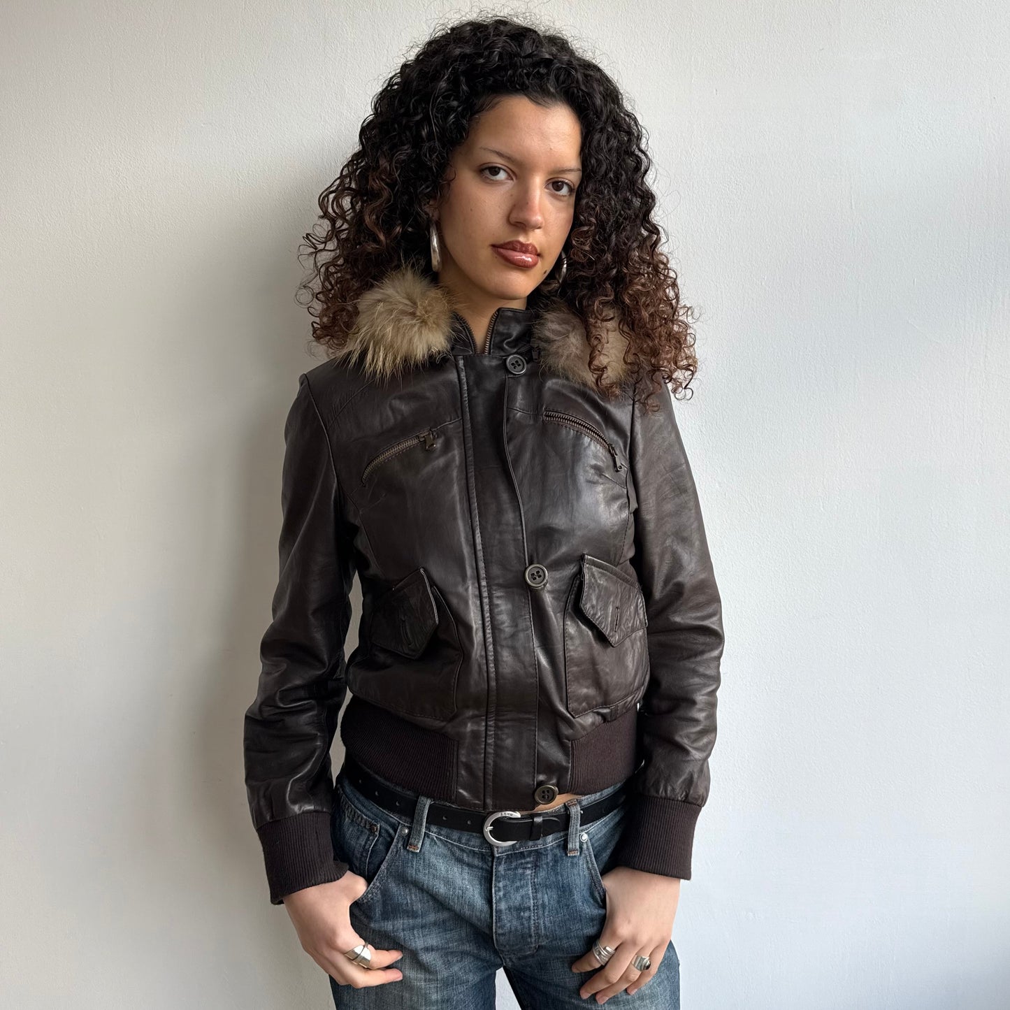 Dark brown leather zip fur hood jacket - Size M