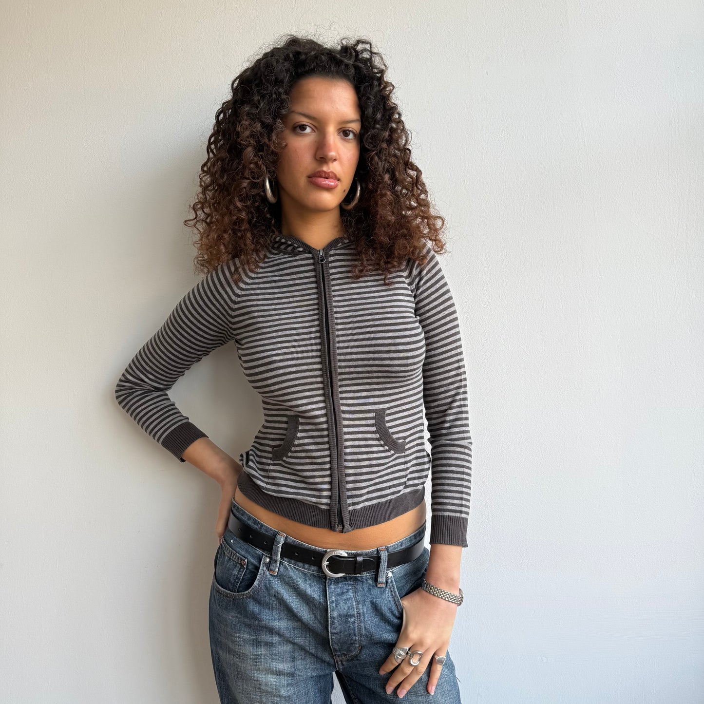 Brown + grey striped hoodie - Size XS/S
