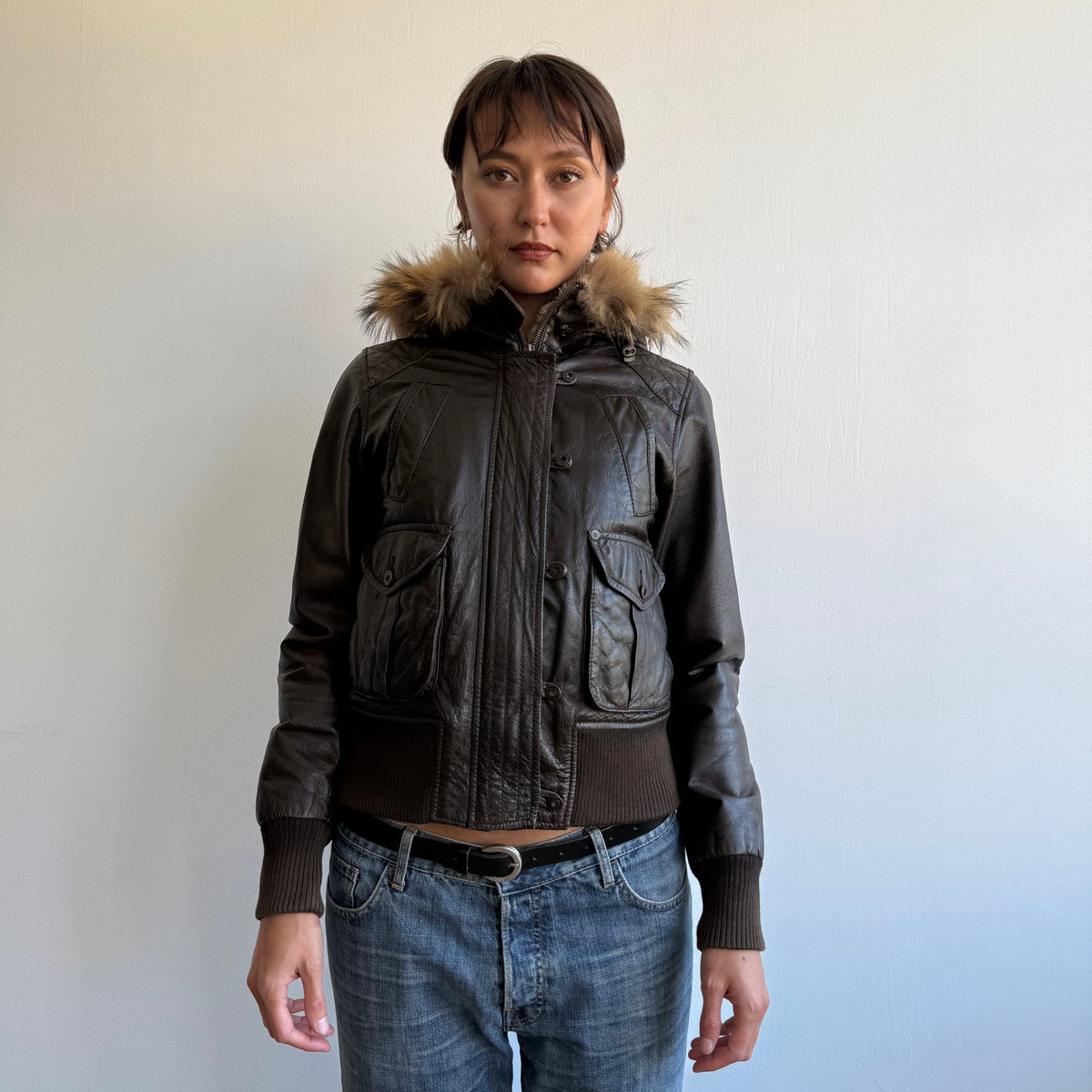 Brown leather fur hood bomber - Size S/M