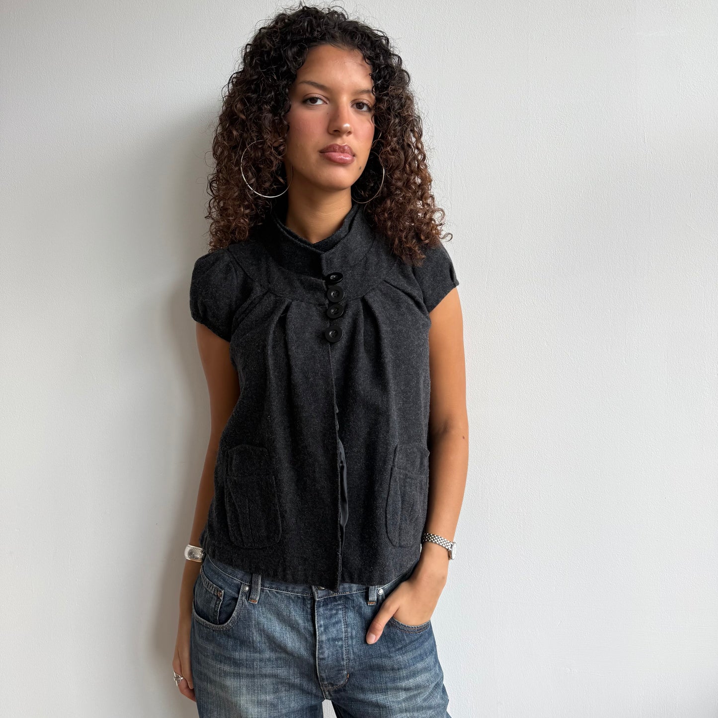 Charcoal short sleeve open peacoat - Size S/M