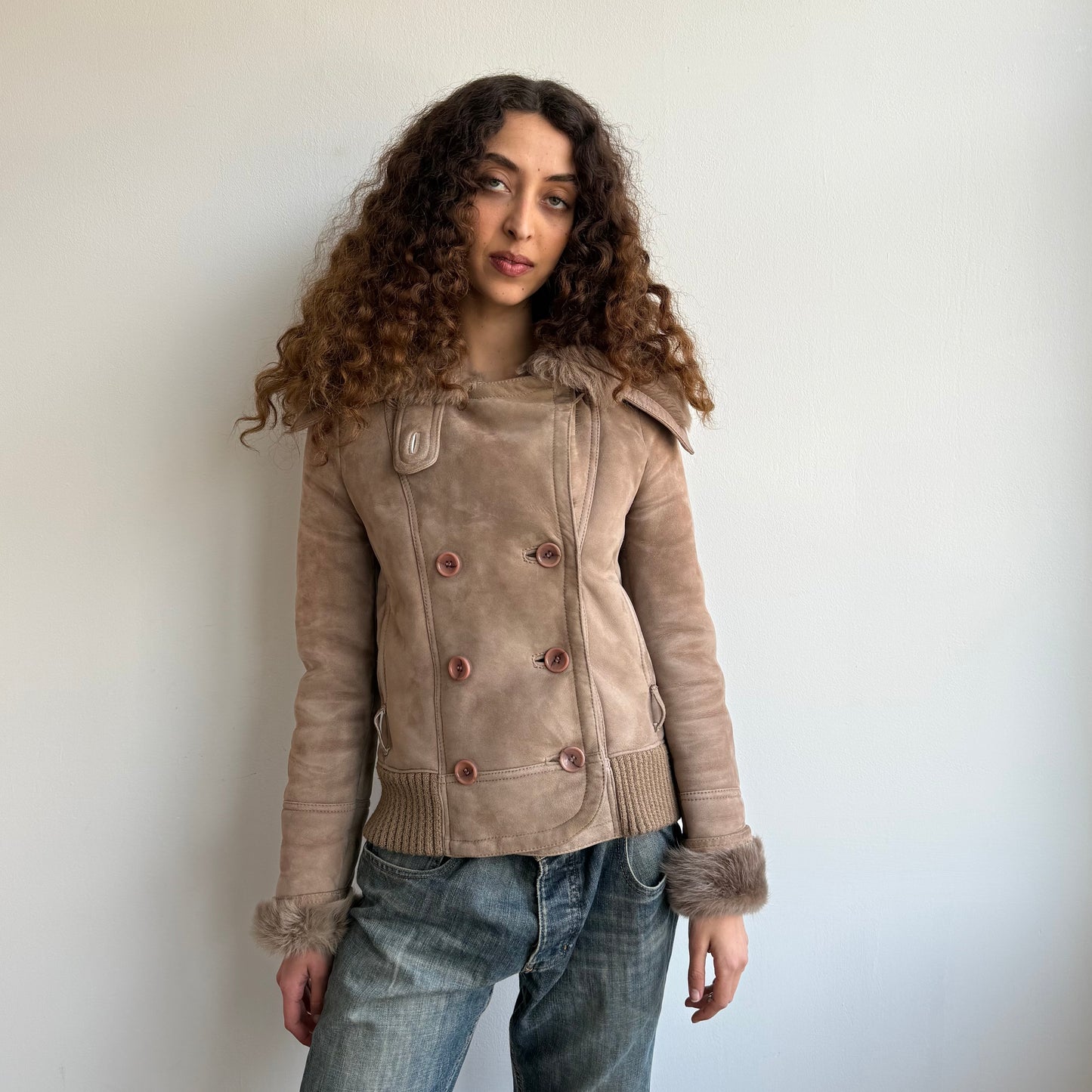 Tan fur suede peacoat - Size S/M