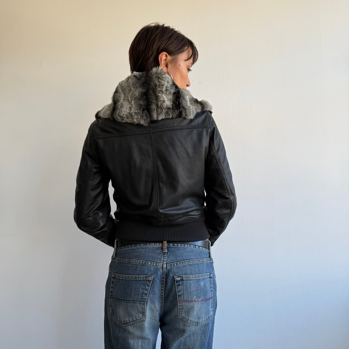 Black leather fur collar bomber - Size S/M