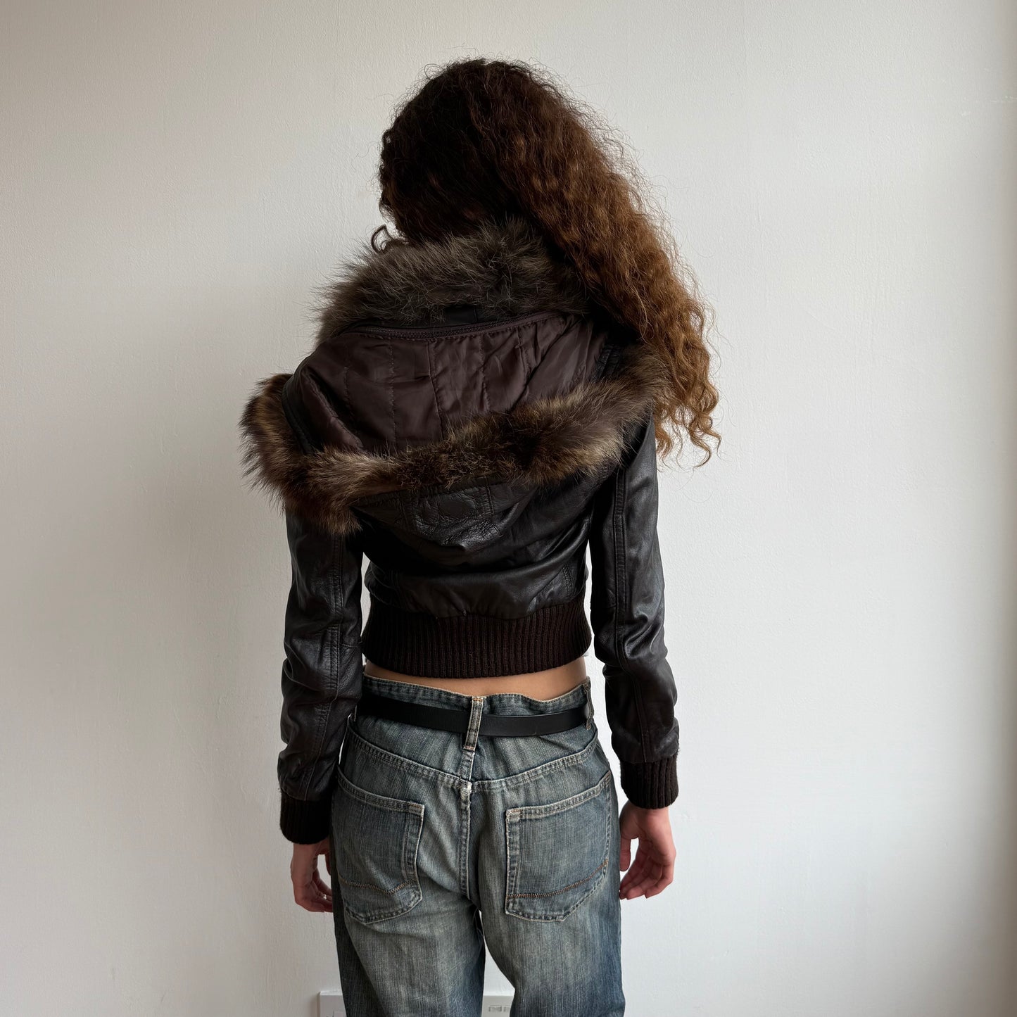 Brown leather fur hood bomber - Size S