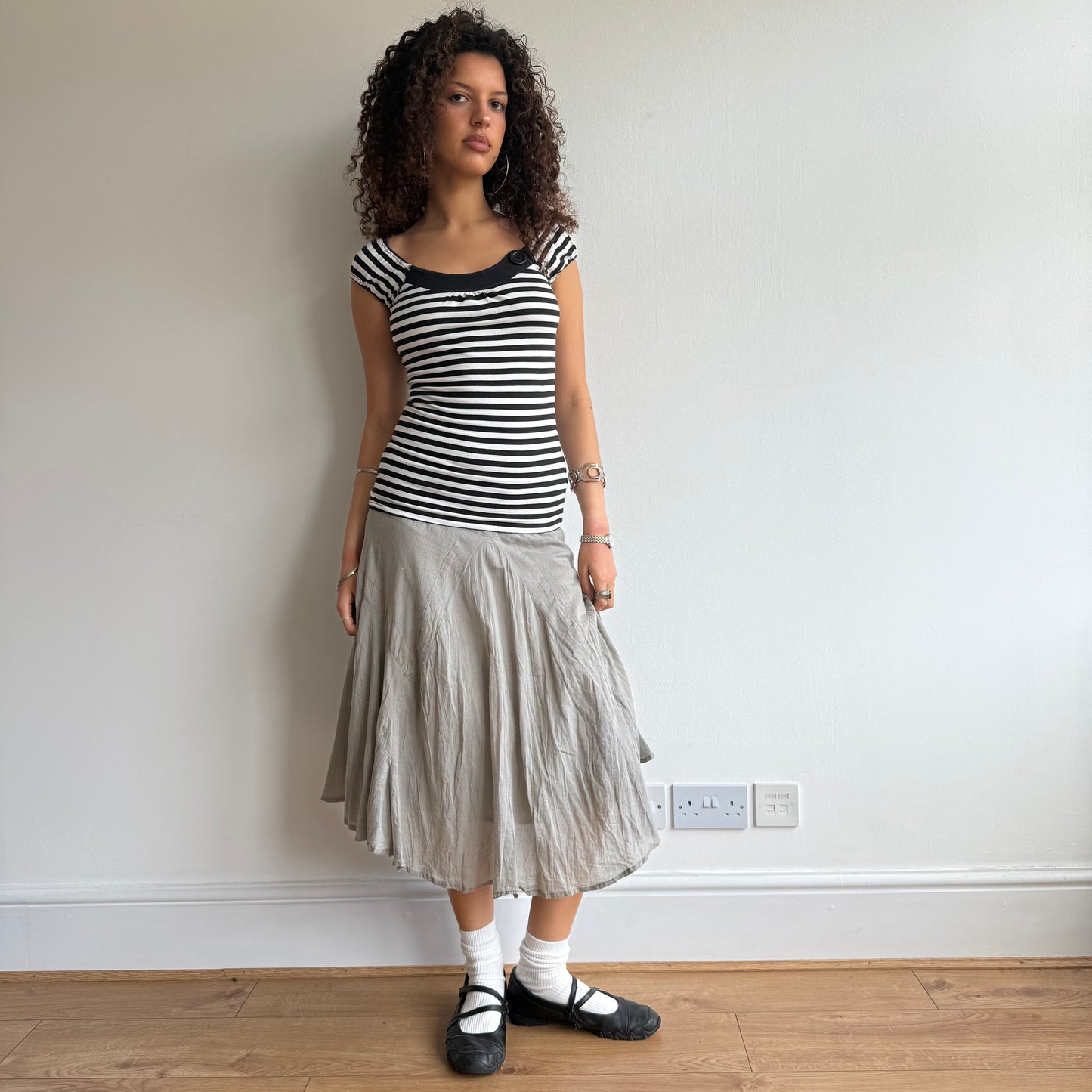 Black+ white striped button top - Size S