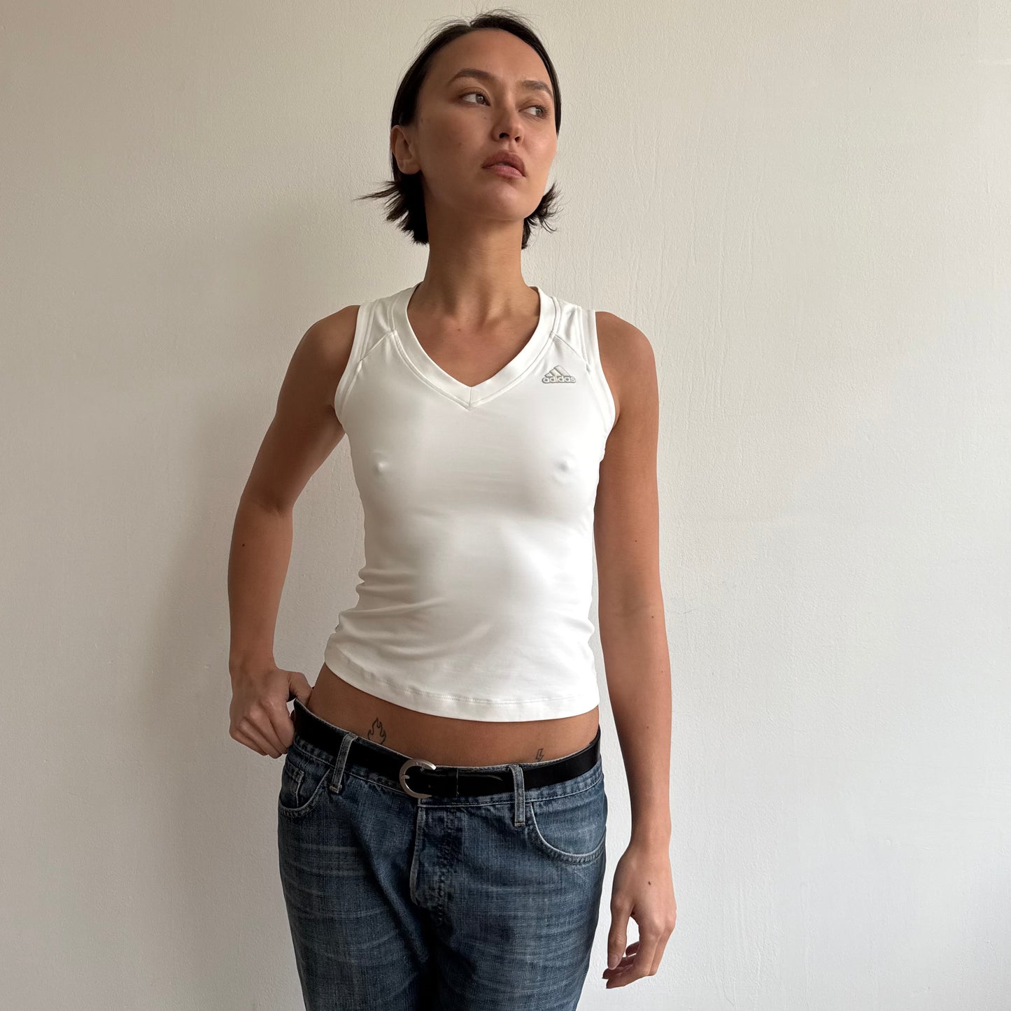White Adidas v-neck top - Size S