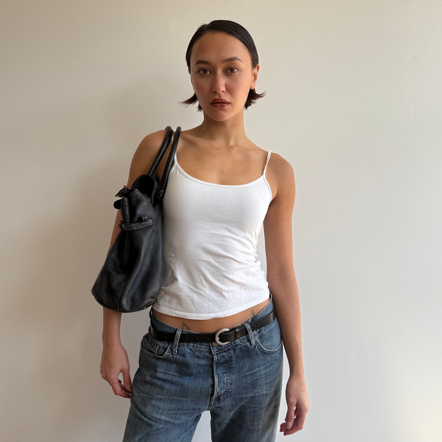 Navy leather ‘firkin’ bag - One Size