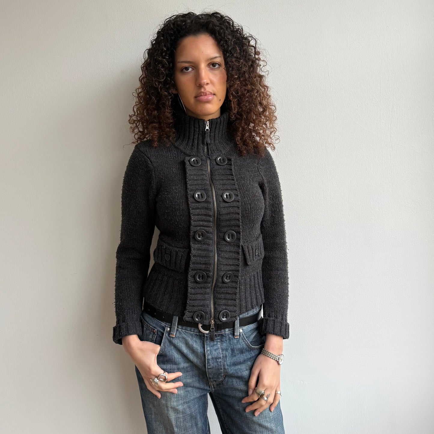 Charcoal double zip knit jumper - Size S