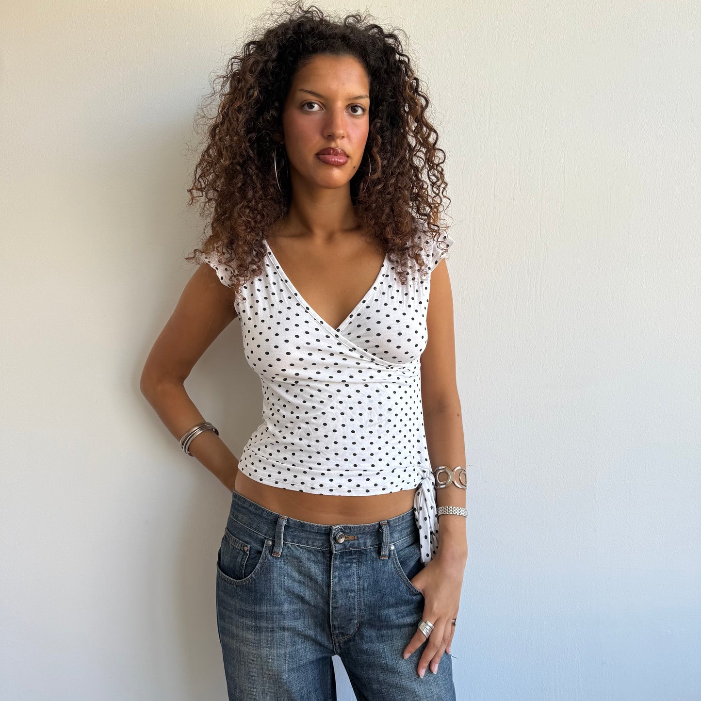 White polka dot wrap top - Size S + M