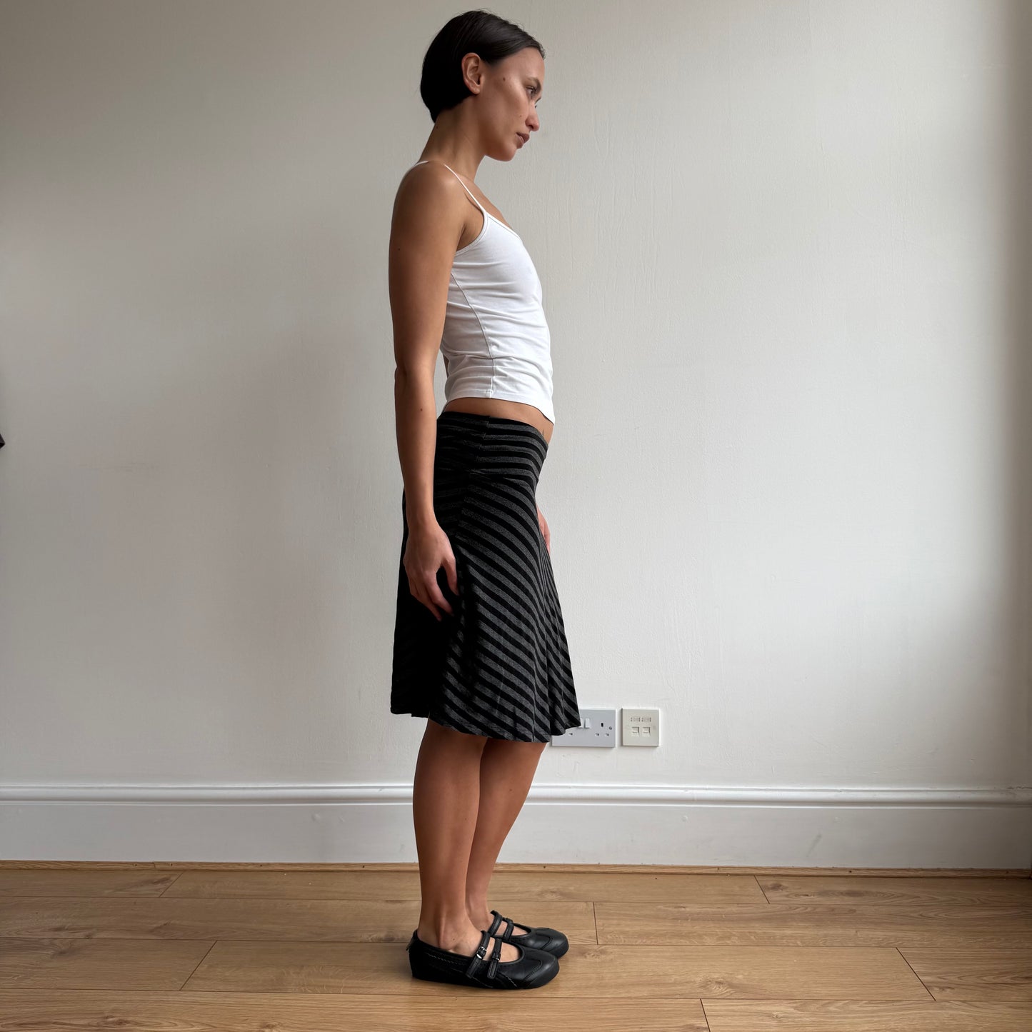 Black + grey striped midi skirt - Size S