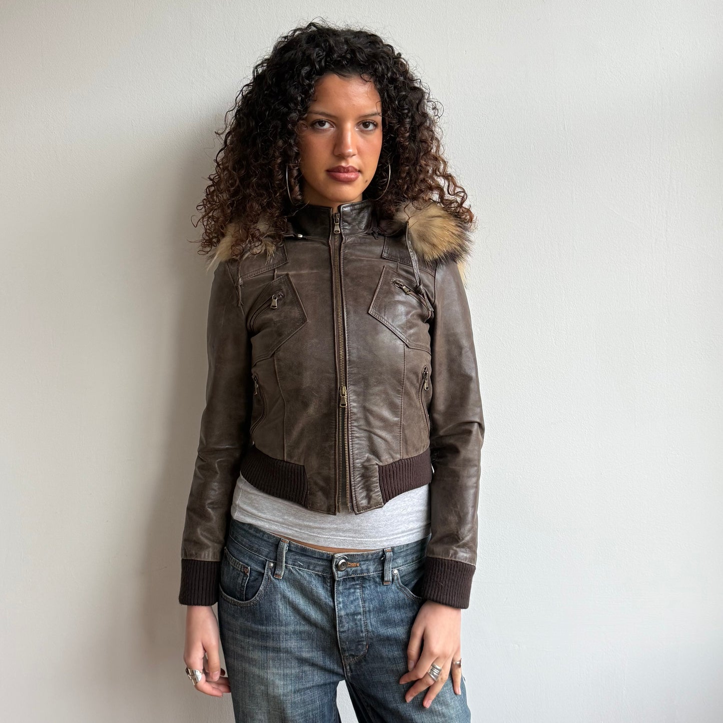 Brown leather fur hood bomber - Size S