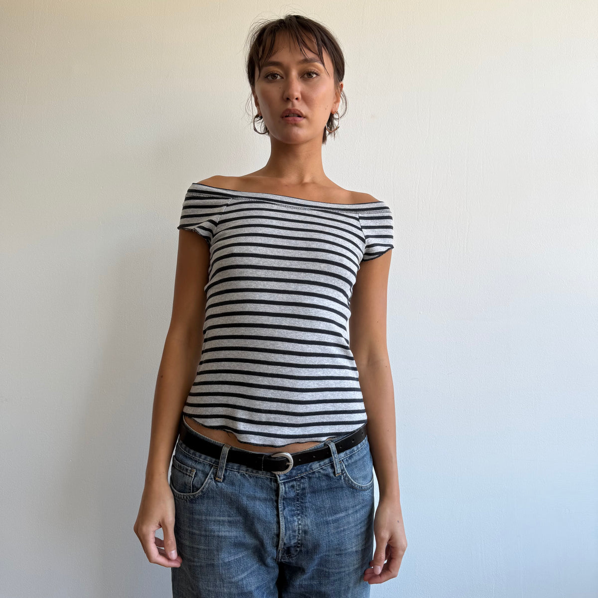 Navy + grey striped top - Size S-M