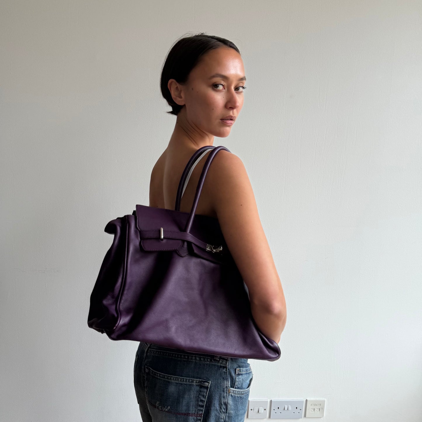 Purple leather ‘firkin’ bag - One Size