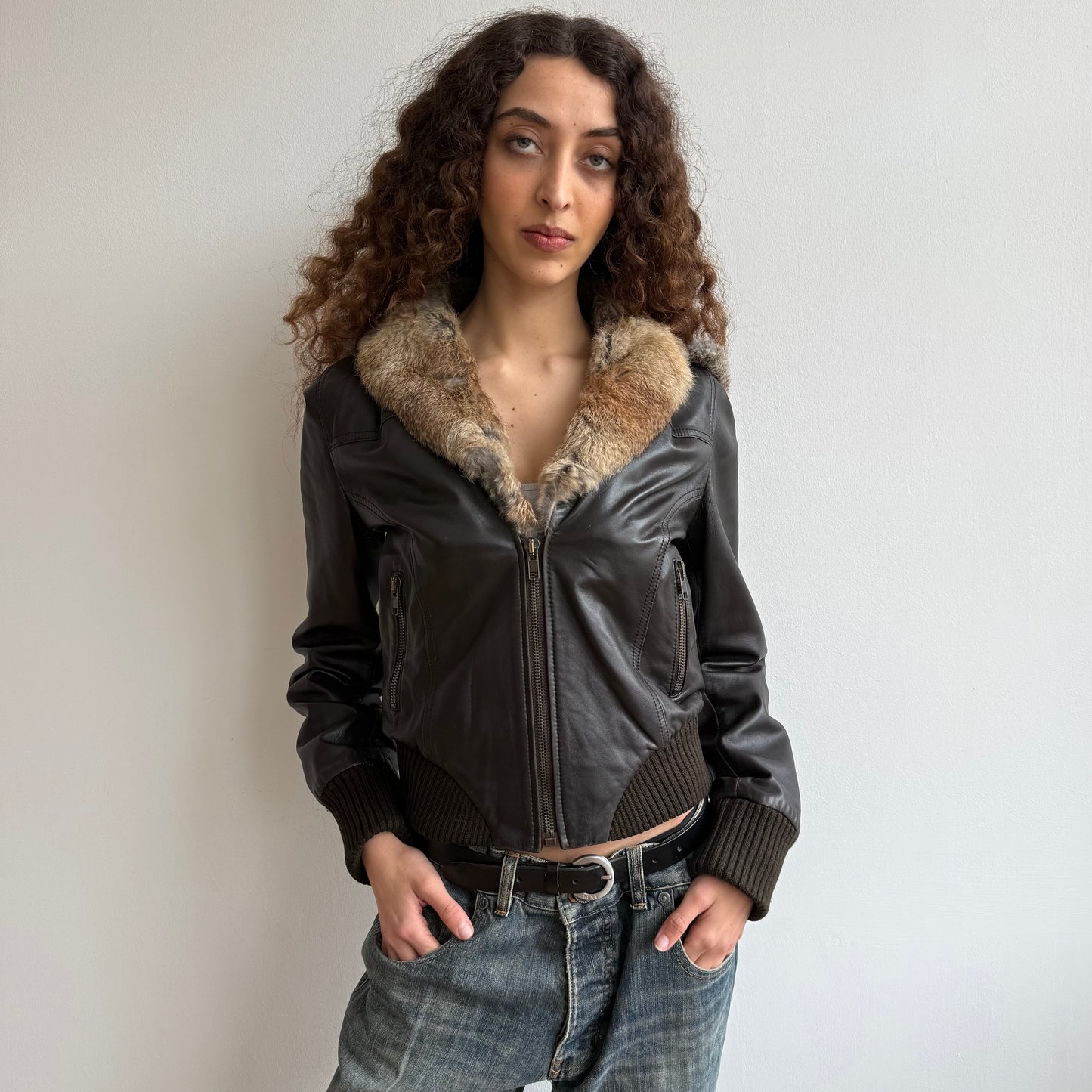 Dark brown leather fur hooded bomber - Size S