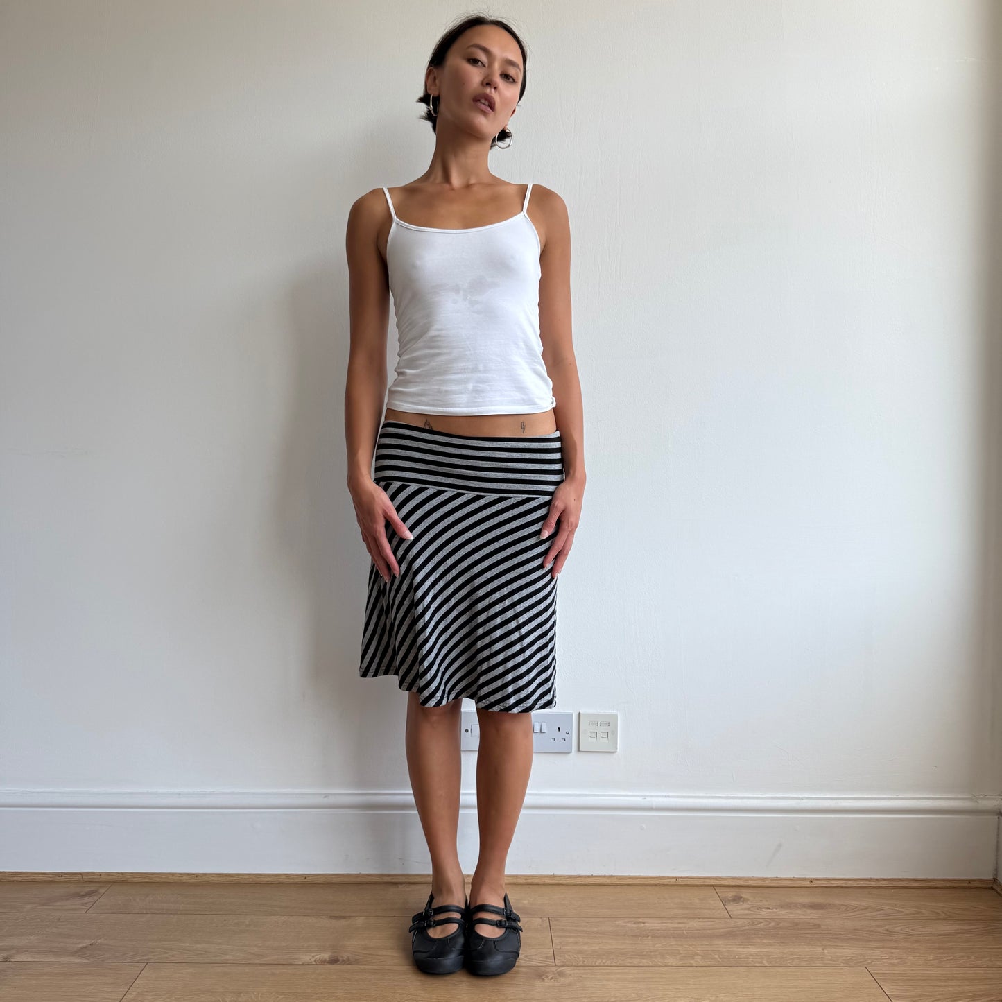 Black + grey striped midi skirt - Size S