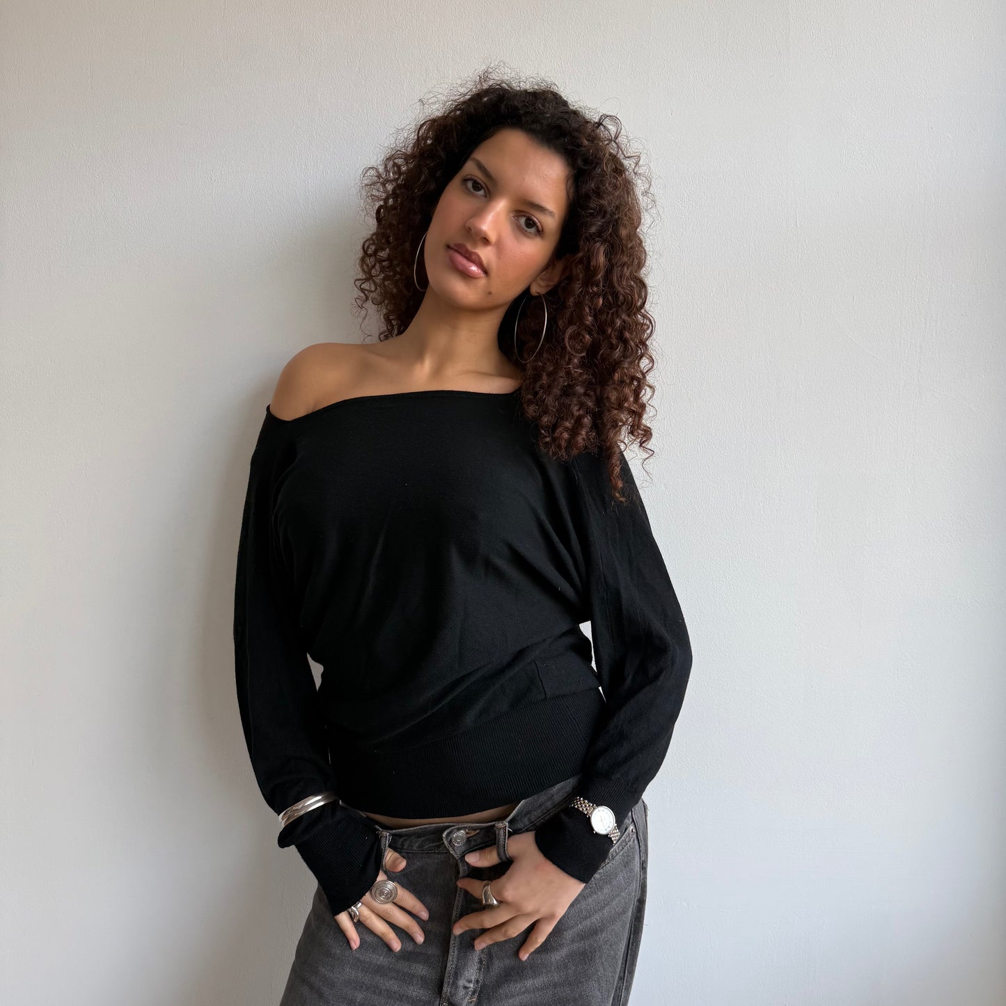 Black slouchy Bardot jumper - Size S