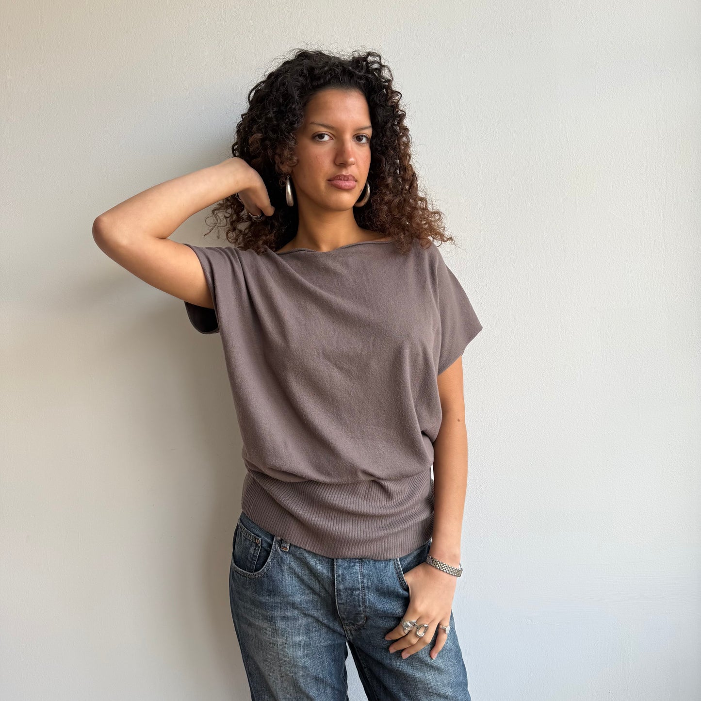 Taupe short sleeve slouchy knit - Size M/L