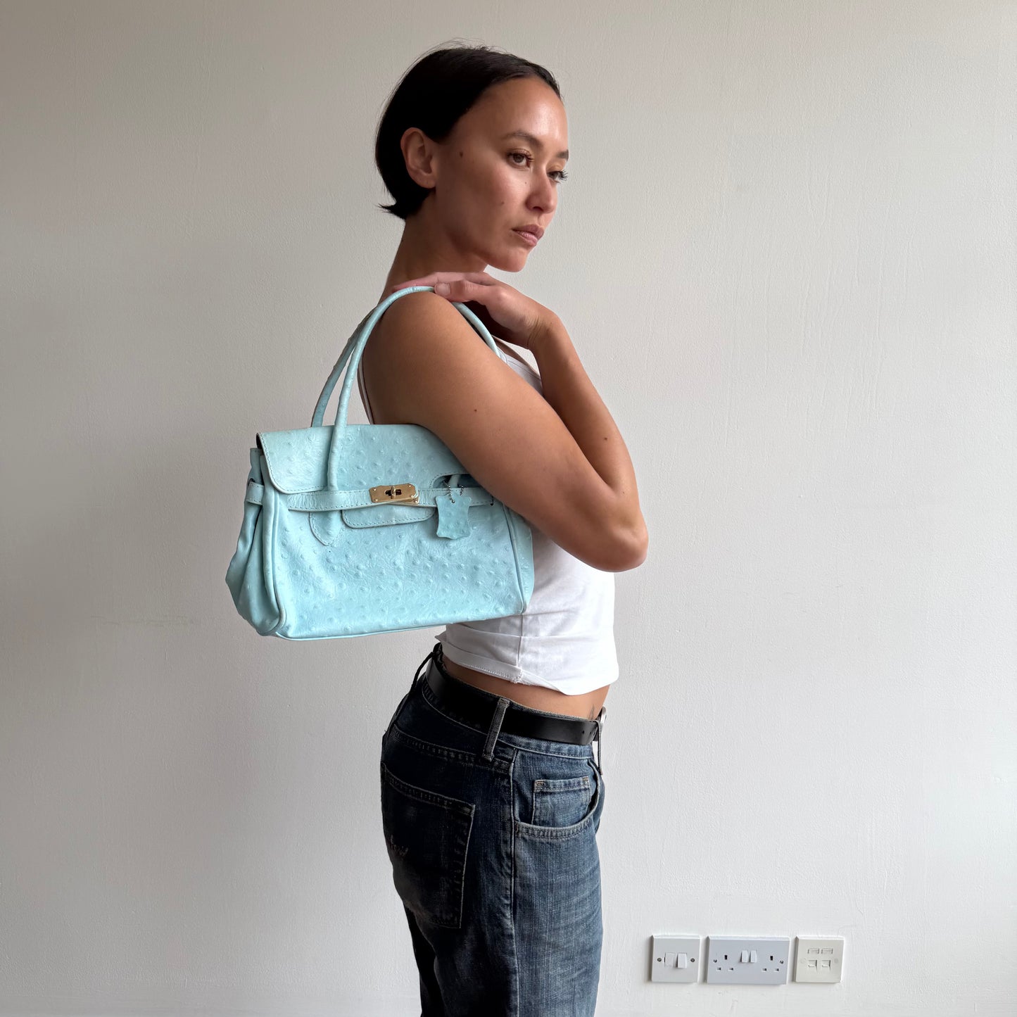 Turquoise mini leather ‘firkin’ bag - One Size