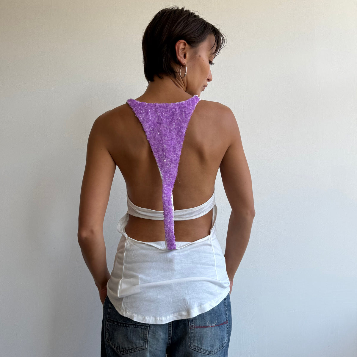 White + purple GUESS sequin reacerback top - Size S