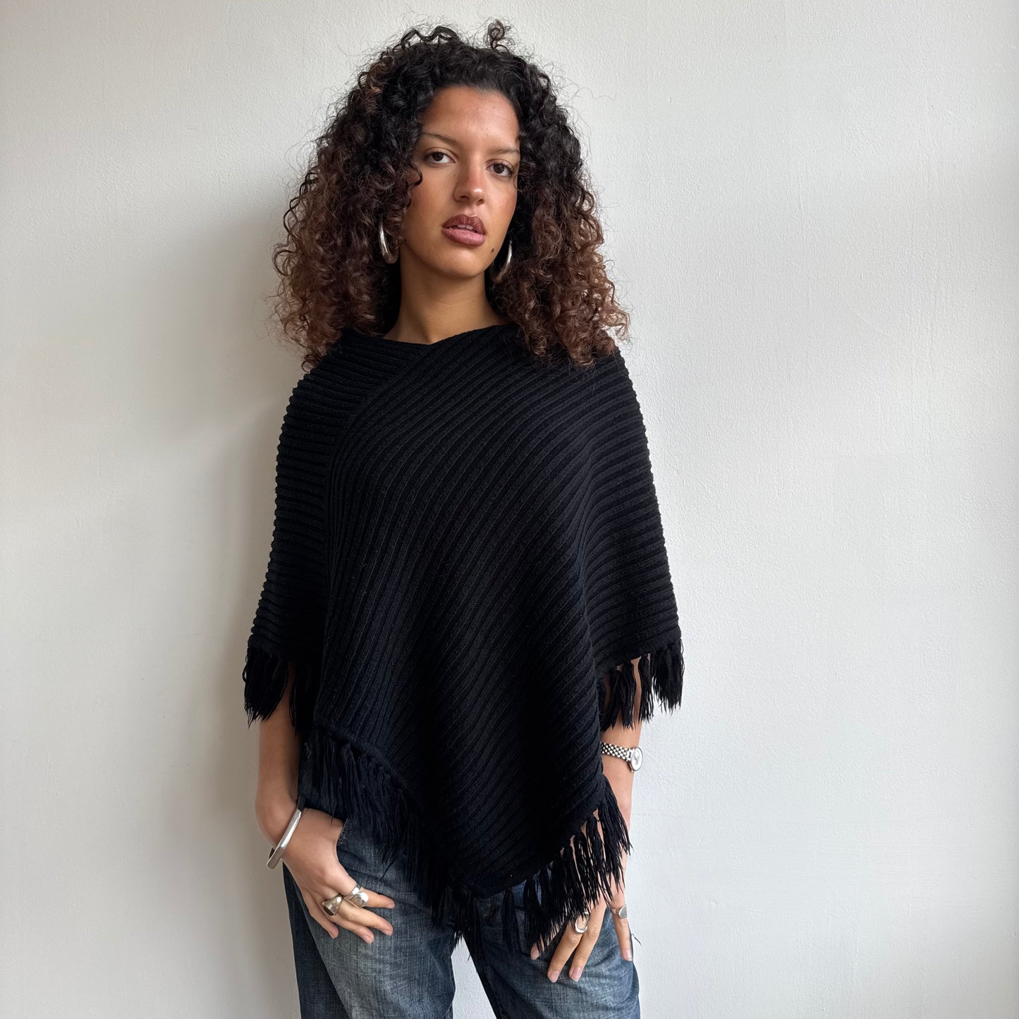 Black chunky knit poncho - One Size