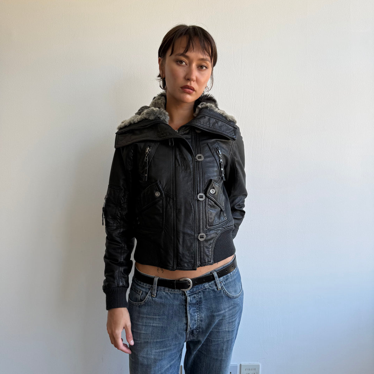 Black leather fur collar bomber - Size S/M