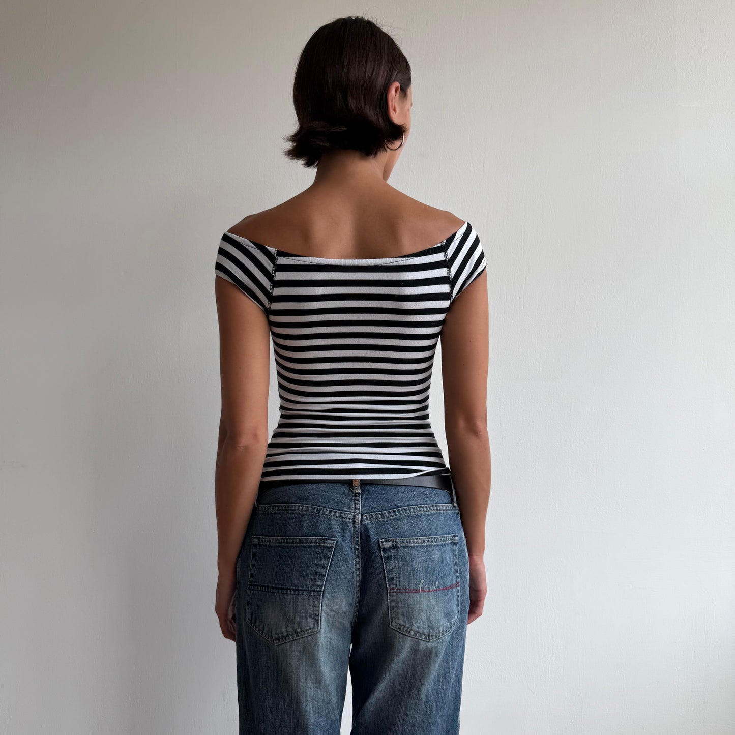 Black + white stripe button top - Size XXS/XS