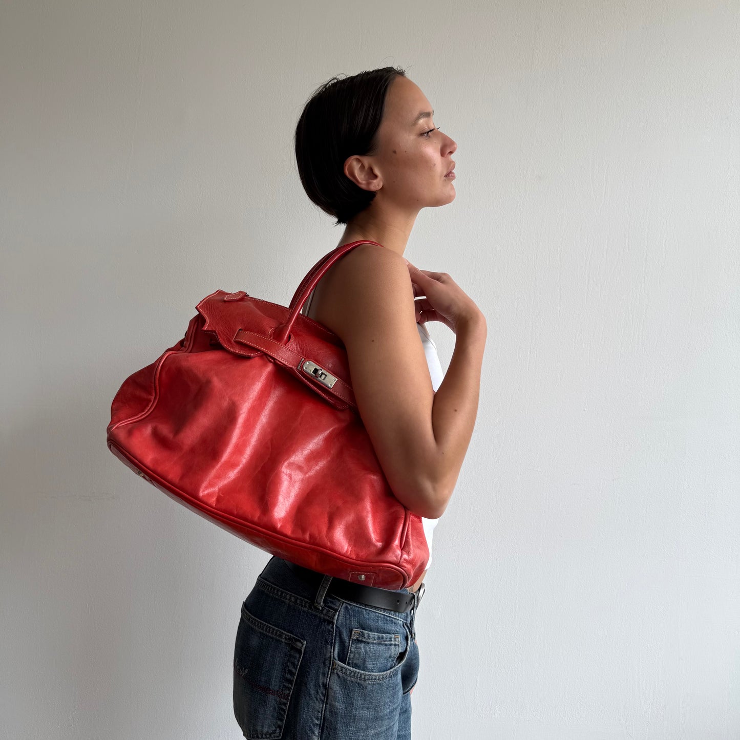 Red leather ‘firkin’ bag - One Size