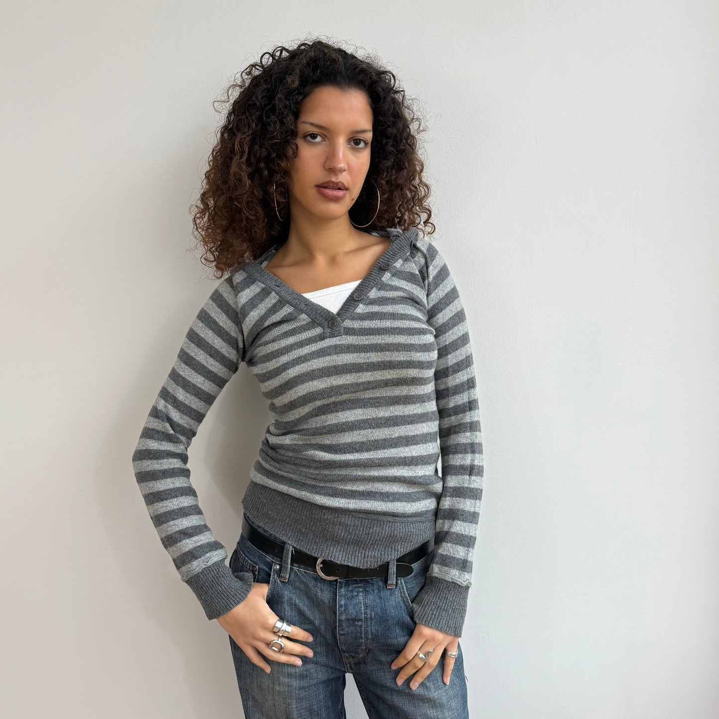 Grey striped knit hoodie - Size S